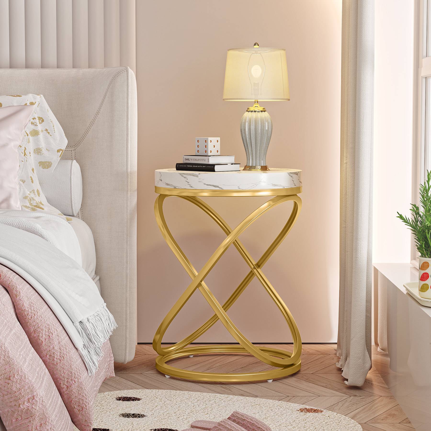 Round End Table - 26 Inch Tall Sofa Side Table with Faux Marble Top | Modern Living Room Furniture for Small Spaces, Bedroom Nightstand & Office Decor