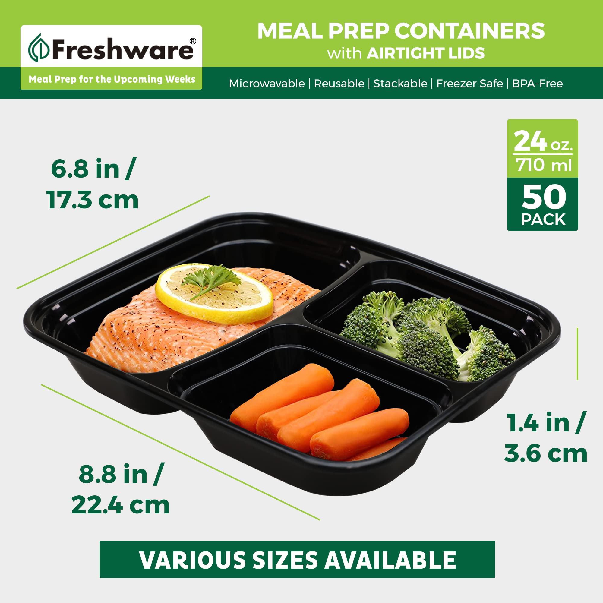 Freshware 50-Pack 3-Compartment Meal Prep Containers with Lids - BPA Free, Stackable Bento Boxes - Microwave, Dishwasher & Freezer Safe (24 oz) - Perfect for Meal Prepping, Lunches, Leftovers & Food Storage