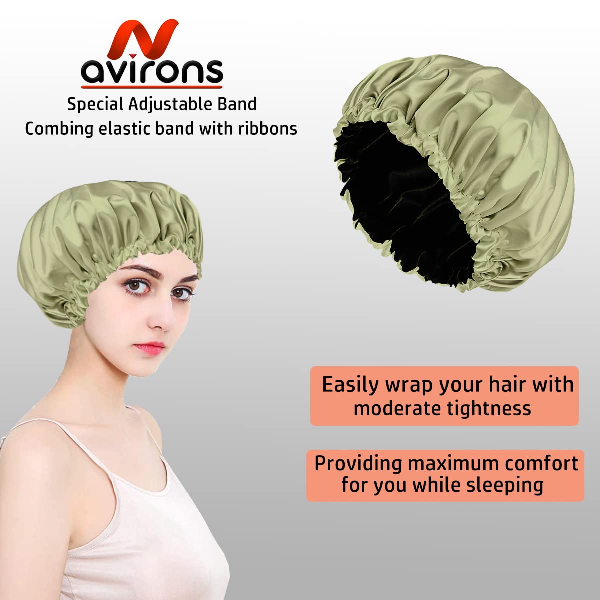 Avirons Satin Silk Hair Bonnet for Sleeping - Reversible Silk Head Cap with Free 3 Scrunchies | Night Cap for Women & Curly Hair Care | Perfect for Travel, Bedtime & Hair Protection (Standard Size)