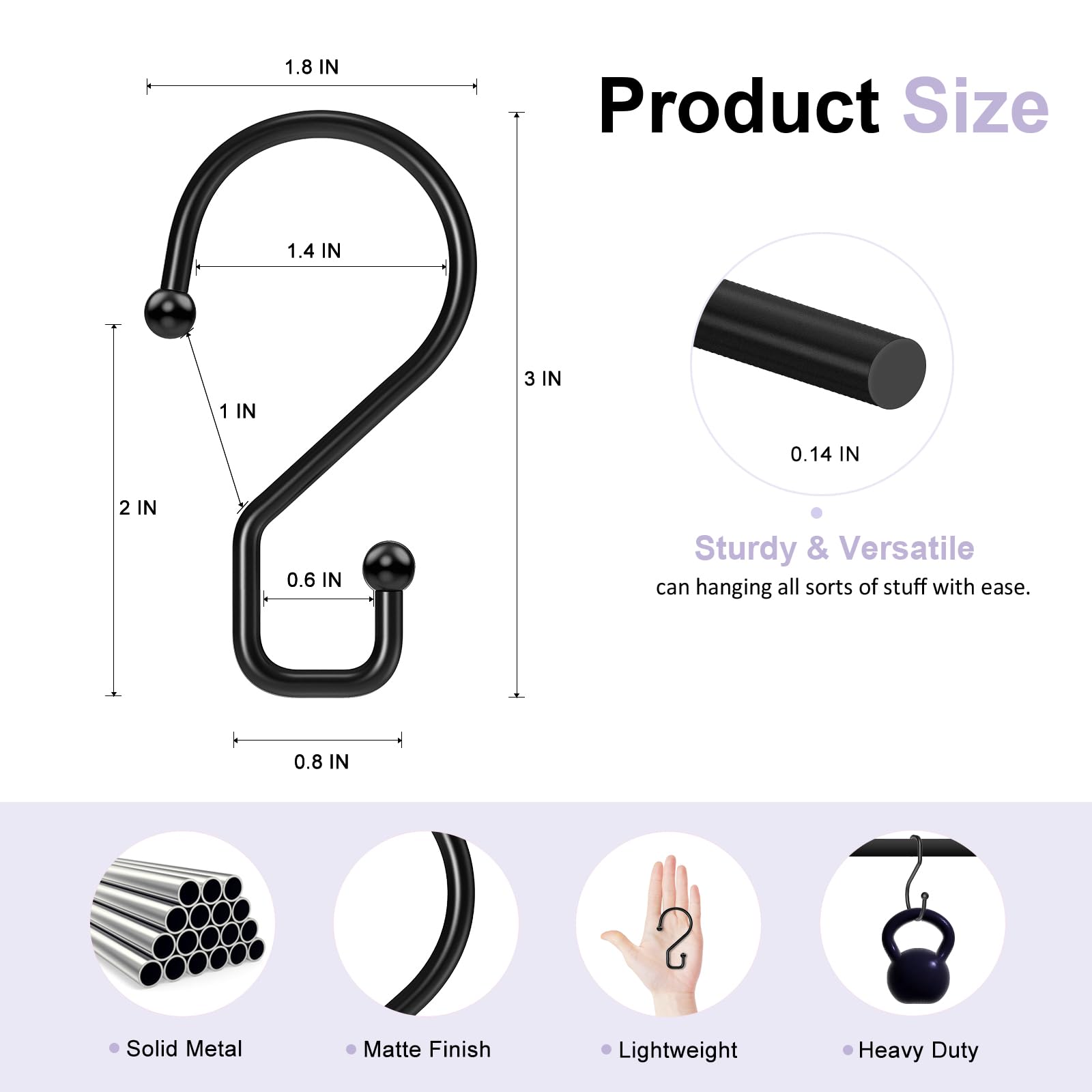 3 Inch Heavy Duty Black S Hooks - 12 Pack, Reversible Metal Hanging Hooks for Closet, Pants, Purses, Curtains, Crafts, Pots, Pans & Mugs - Perfect for Home Organization, Kitchen Storage & DIY Projects