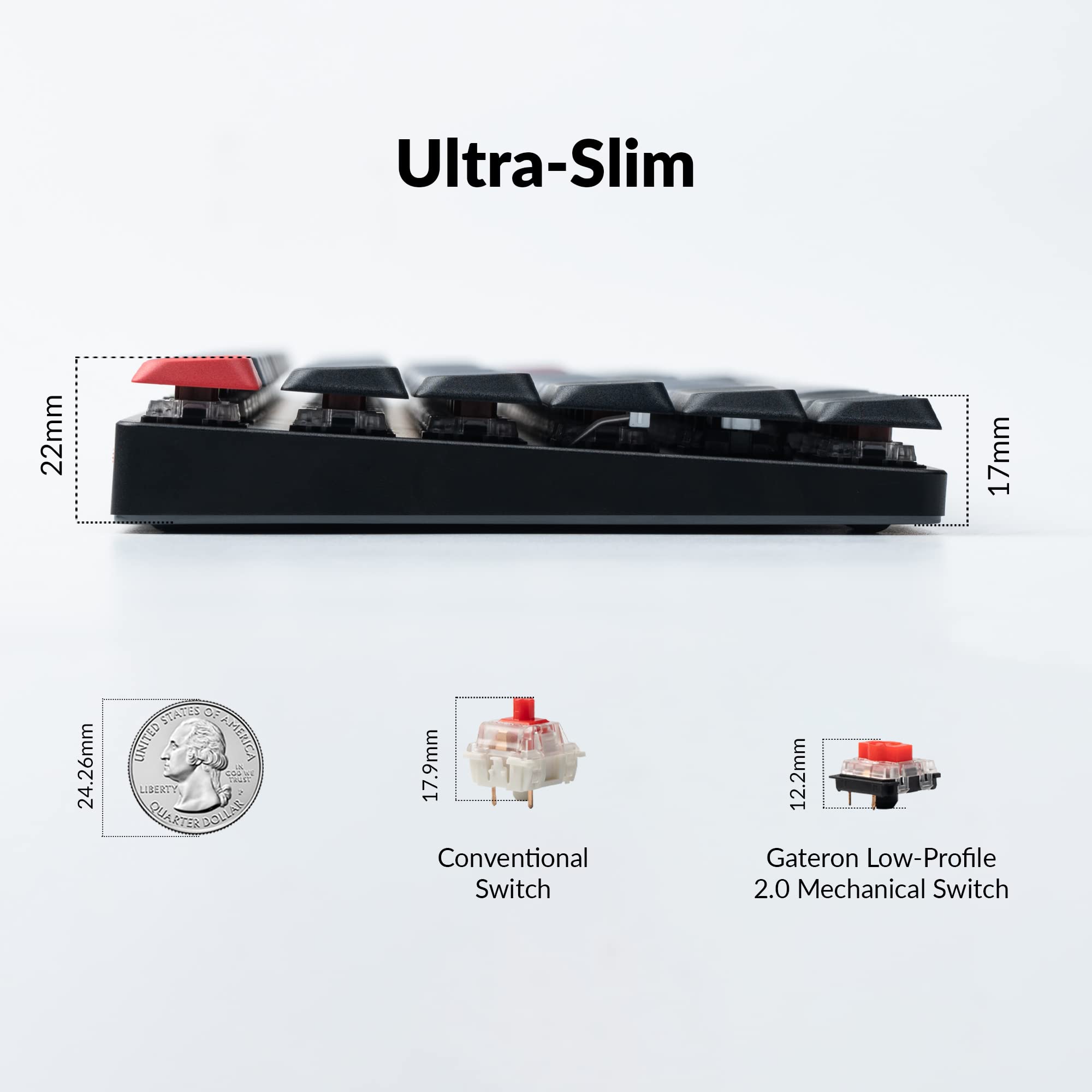 Keychron K1 Pro Ultra-Slim Wireless Bluetooth & Wired USB Mechanical Keyboard - QMK/VIA Programmable, Low-Profile Gateron Red Switches, TKL Layout, Double-Shot PBT Keycaps, White LED Backlight for Mac/Windows/Linux - Perfect for Office Work, Gaming & Programming