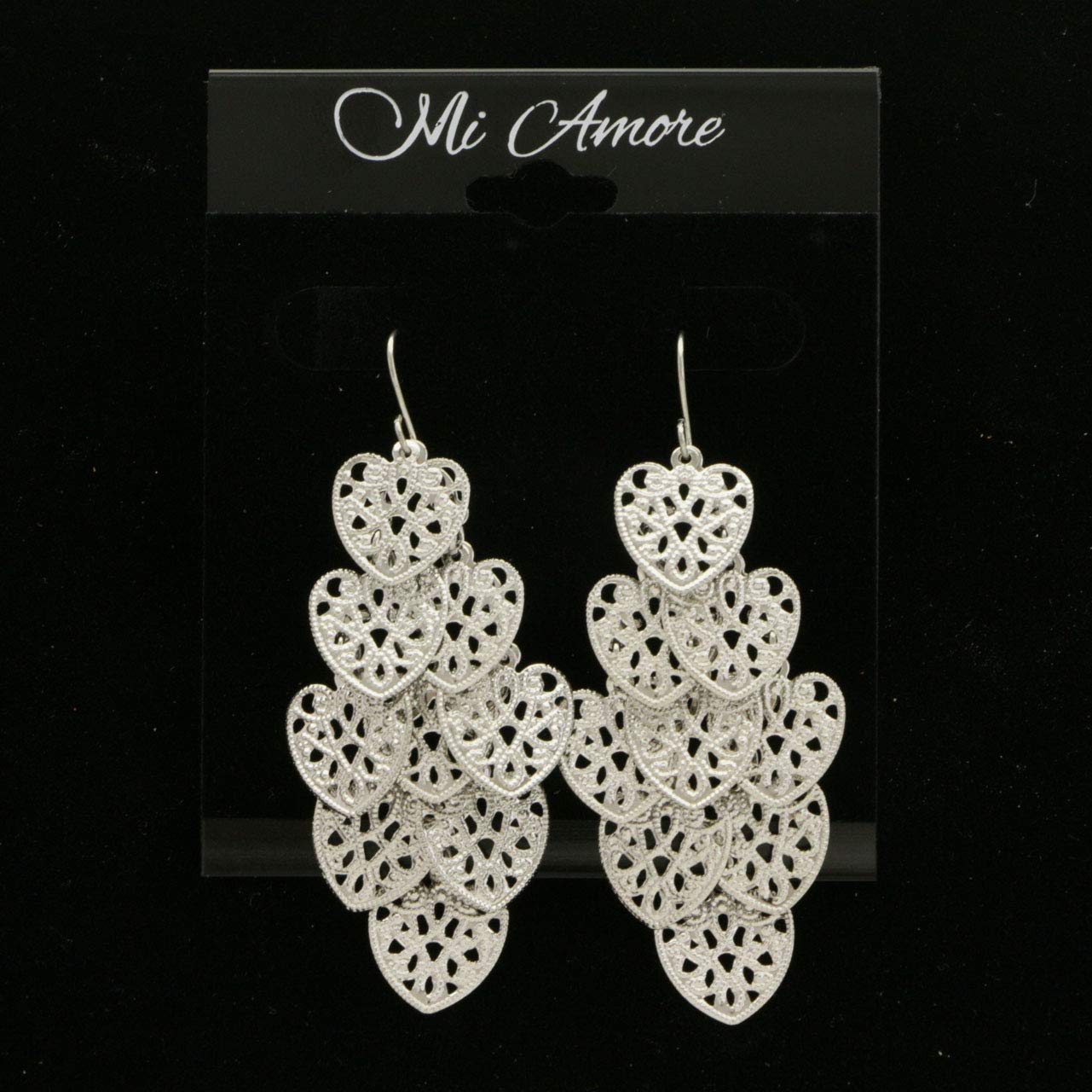 Mi Amore Heart Chandelier Earrings Silver-Tone Dangle Drop Earrings for Women, Perfect for Valentine's Day, Wedding, Party & Evening Occasions