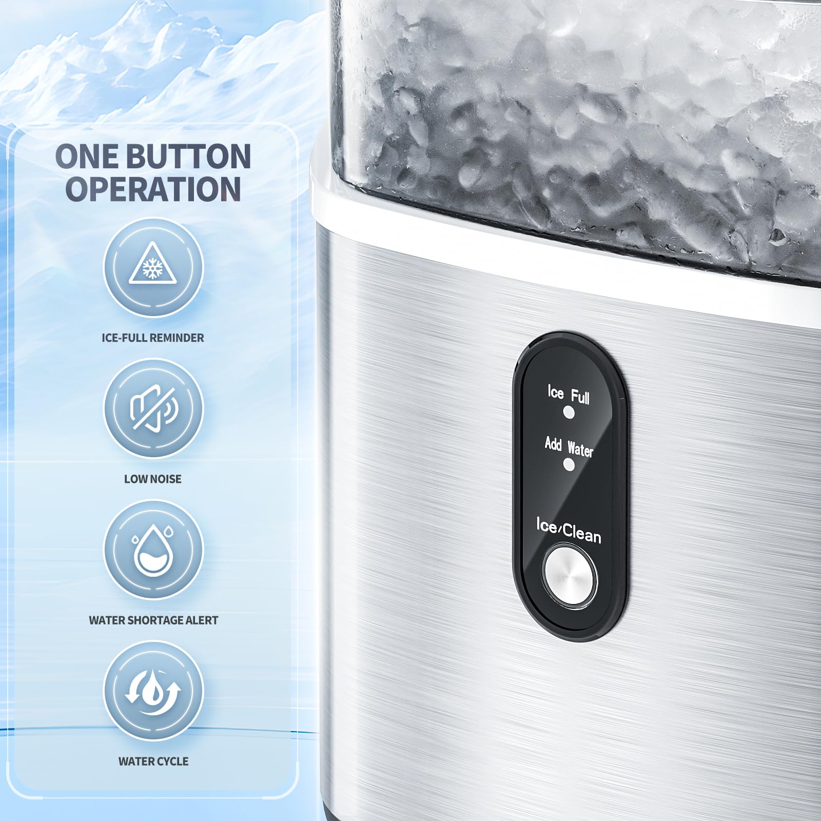 Portable Countertop Ice Maker with Soft Chewable Pellet Ice - 34Lbs/24H, Self-Cleaning, One-Touch Operation - Stainless Steel Sonic Ice Machine for Kitchen, Office, Bar, RV & Outdoor Entertaining