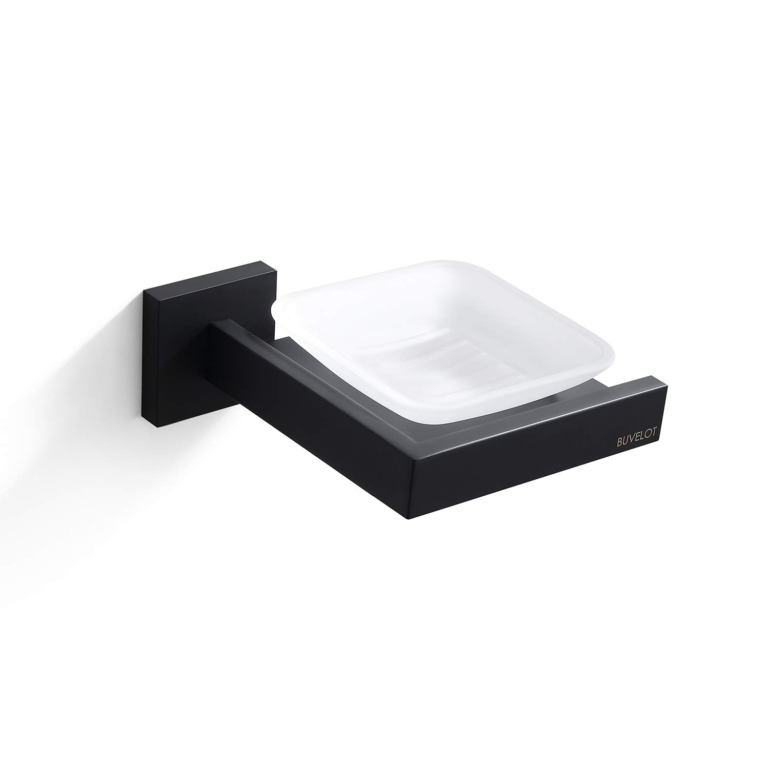 Frosted Glass Soap Dish Holder - Modern Square Bathroom Soap Tray with Wall Mount, Matte Black for Shower & Sink - Durable Tempered Glass Soap Saver for Spa, Hotel, and Home Bathroom Decor (071020-MB Les Series)
