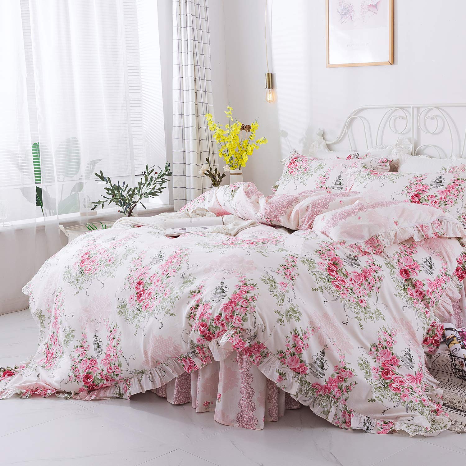 FADFAY Queen Duvet Cover Set - 100% Cotton Elegant Shabby Chic Pink Rosette Floral Bedding with Hidden Zipper & Matching Bedskirt, 4-Piece Queen Size | Perfect for Master Bedroom, Guest Room & Boho Chic Home Decor
