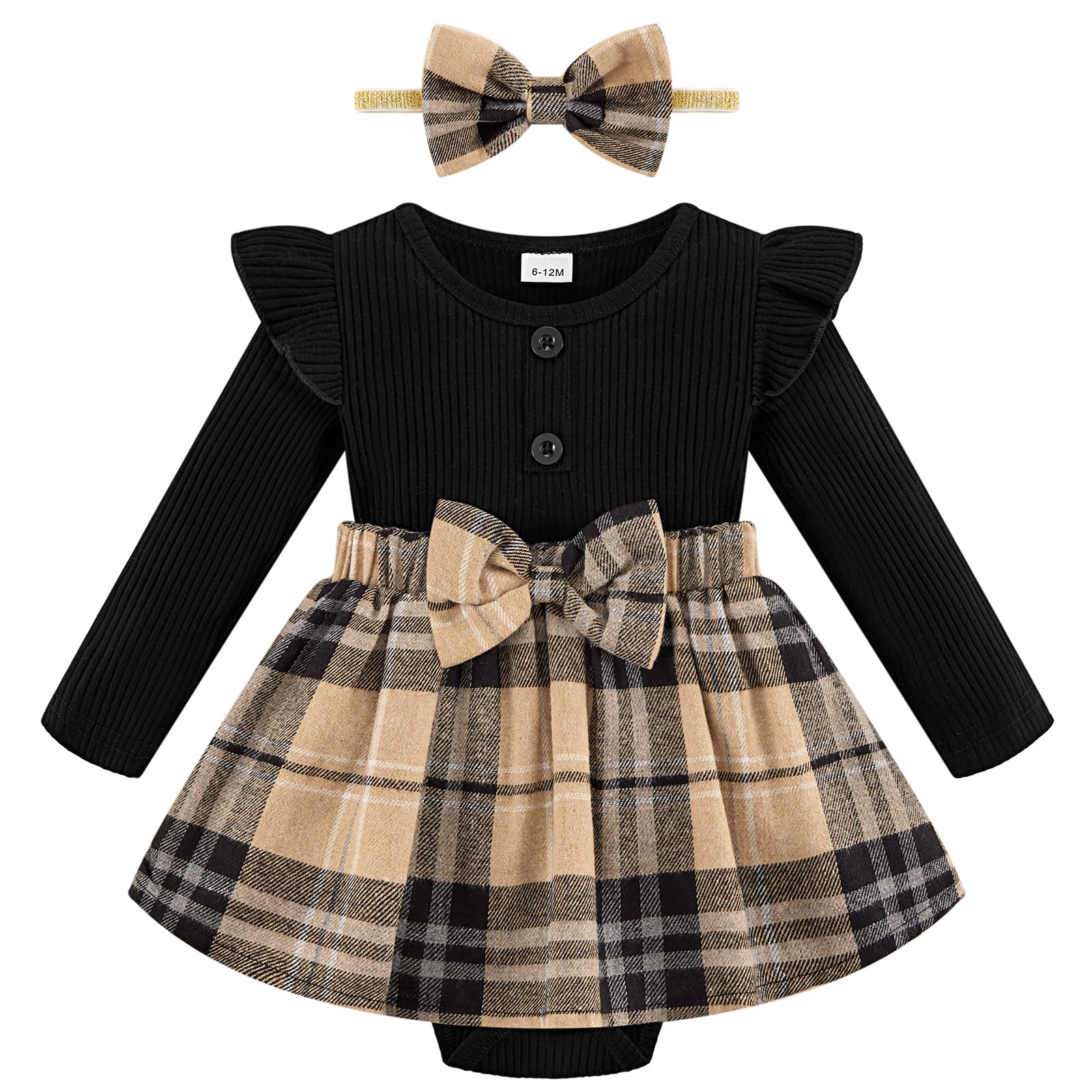 Adorable Baby Girl Fall Winter Outfit - Newborn Infant Ruffle Romper Dress with Headband | Cute 0-18 Months Baby Clothes | Perfect for Holiday Photos, Birthday Parties & Family Gatherings