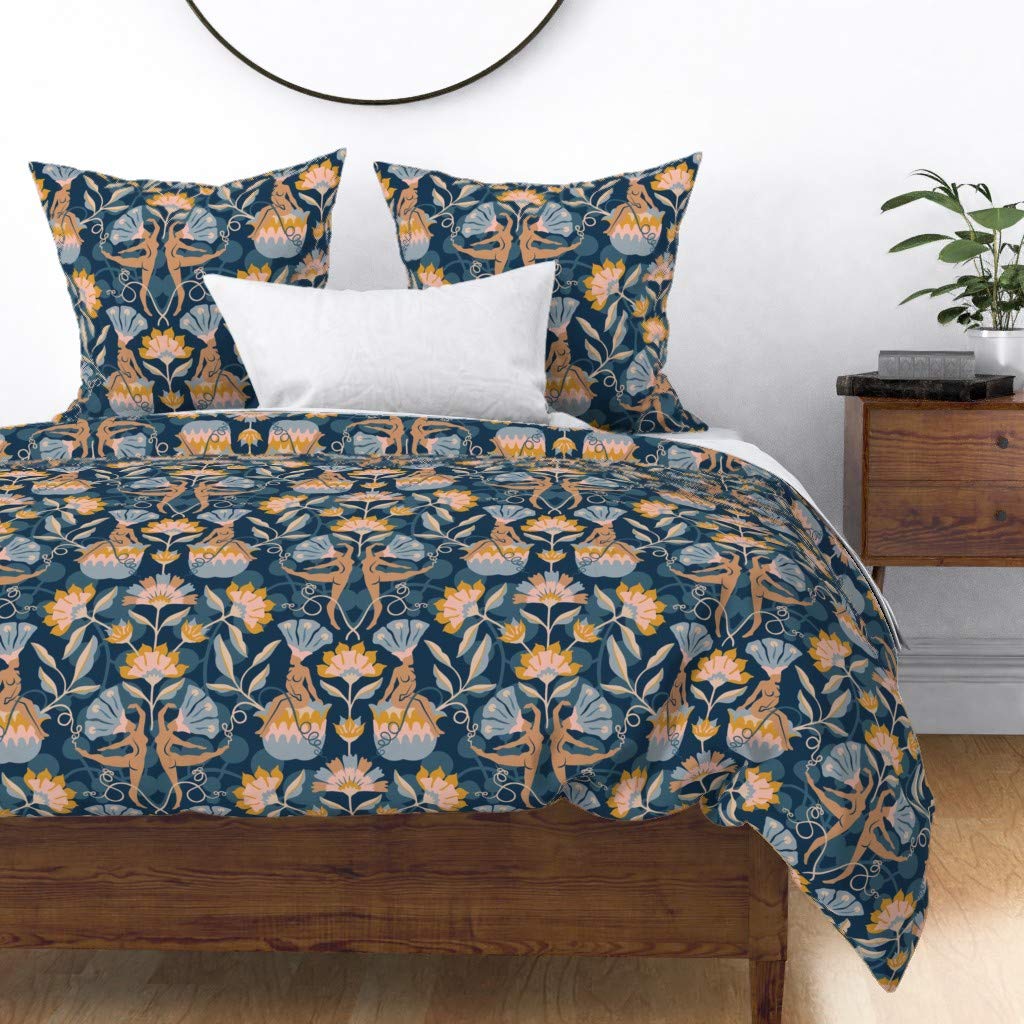 Custom Spoonflower Cotton Sateen Duvet Cover Full/Queen Size - Blue & Yellow Floral Garden Print for Women | Soft Luxury Bedding for Master Bedroom & Guest Room Decor