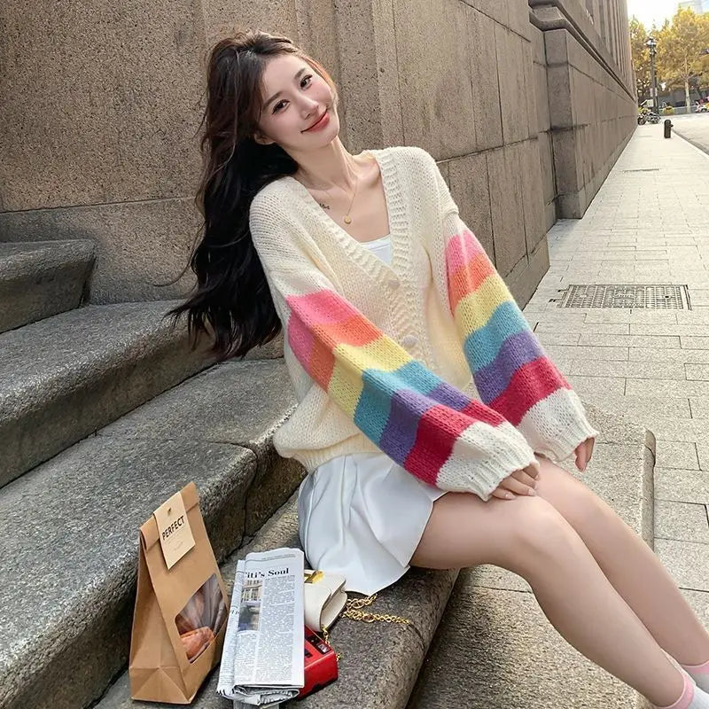 Rainbow Striped Knitted Cardigan for Women - Cozy Oversized Sweater for Fall & Winter - Perfect for Casual Wear, Office, and Date Nights