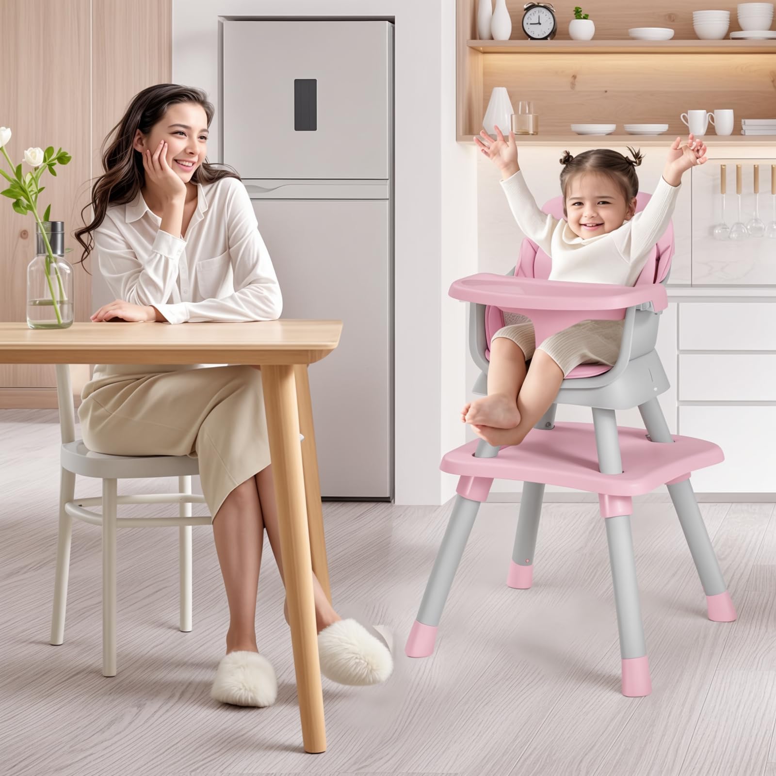 Kinder King 8-in-1 Convertible Baby High Chair - Dining Booster Seat, Kids Table & Chair Set, Toddler Activity Table with Building Blocks, Stool - Removable Tray & Washable Double Seat Cover - Easy Clean Pink (Perfect for Feeding, Playtime & Learning Activities)