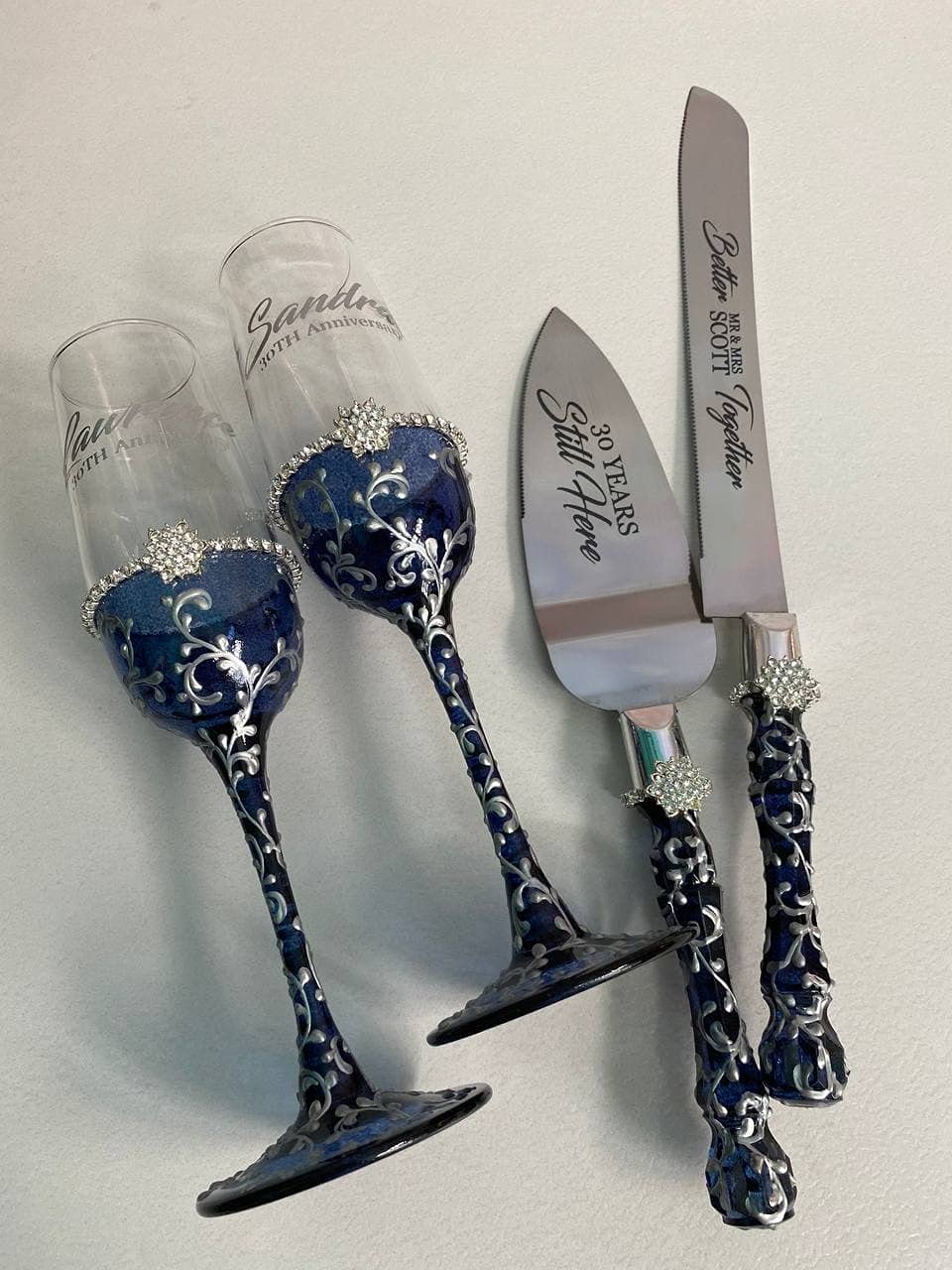 Navy Blue and Silver Wedding Toasting Flutes Set with Cake Server - Elegant Champagne Glasses for Wedding Toast, Anniversary, Bridal Shower & Special Celebrations