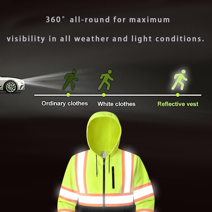 Class 3 High Visibility Safety Hoodie for Men & Women - Reflective Full Zip Fleece Sweatshirt with Black Bottom & Pockets | Perfect for Construction, Road Work & Nighttime Outdoor Activities (KZV-YellowLink-M)