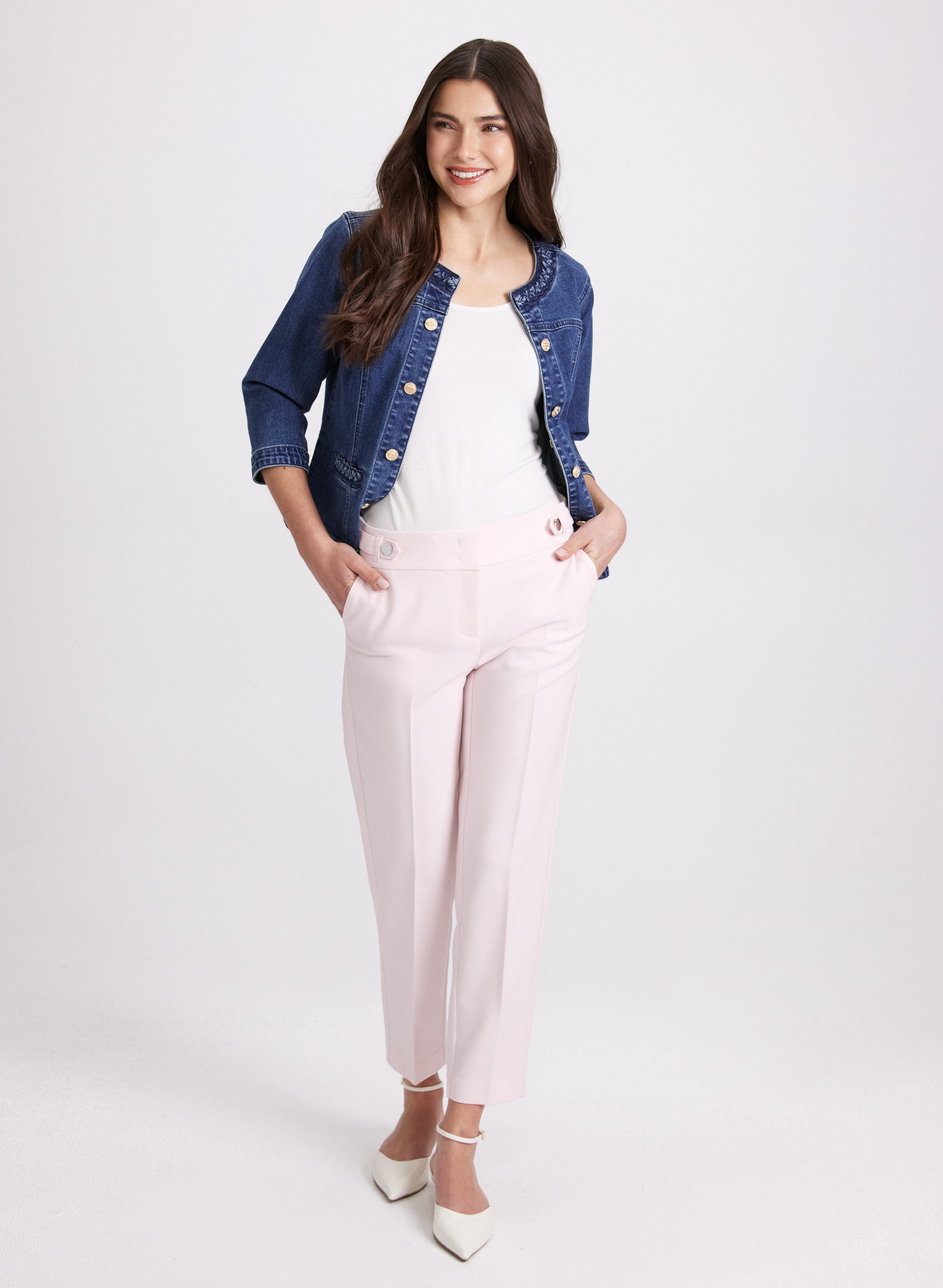 Braided Trim Denim Jacket & Emma Slim Leg Pants Set - Women's Fashion Outfit for Casual Wear, Date Night & Office Style
