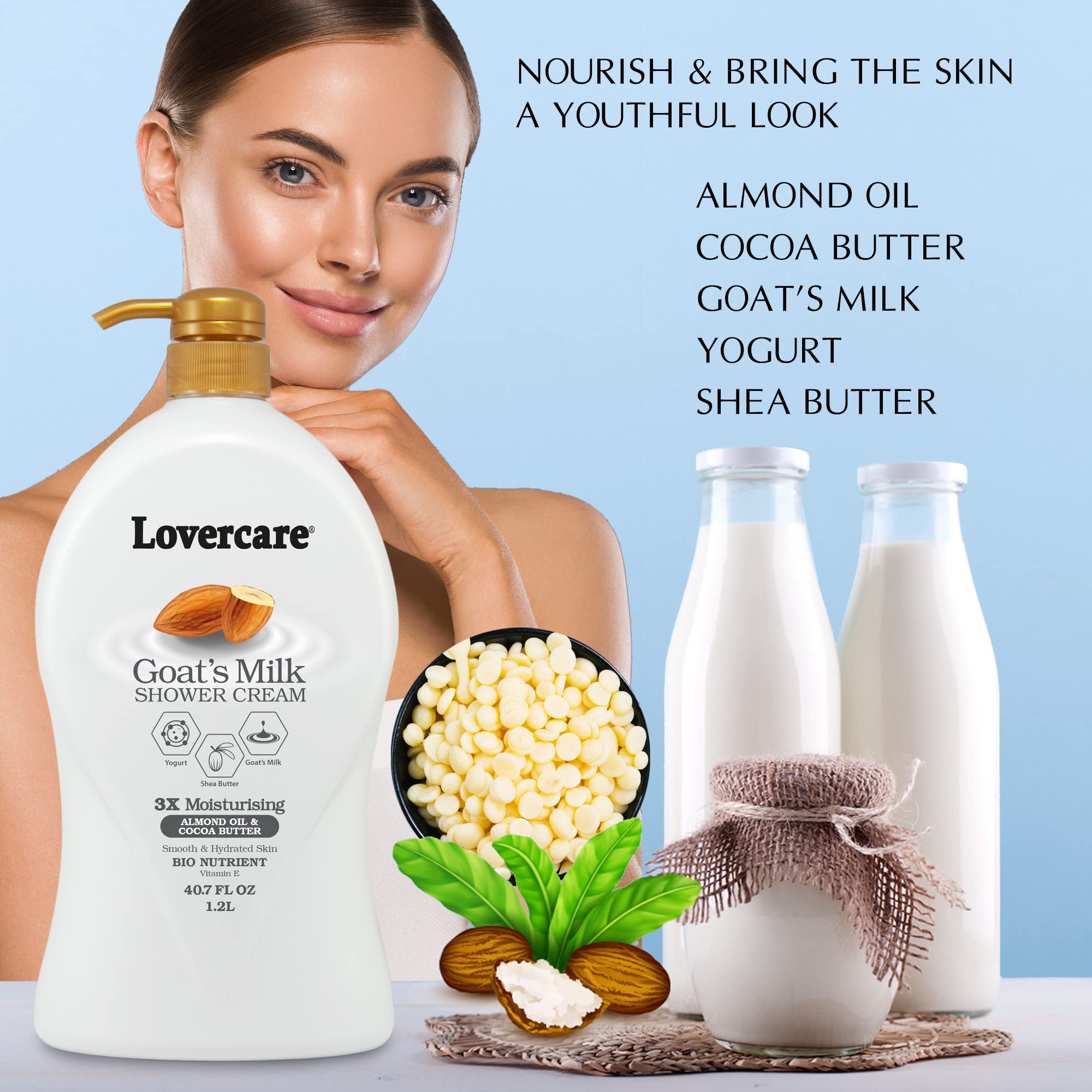 Lover's Care Goat Milk Moisturizing Body Wash with Almond Oil & Cocoa Butter 40.7 fl oz (1200ml) + Baby Goat Milk Bath with Rice 33.8 fl oz (1000ml) - Hydrating Shower Set for Sensitive Skin & Gentle Baby Bath Time