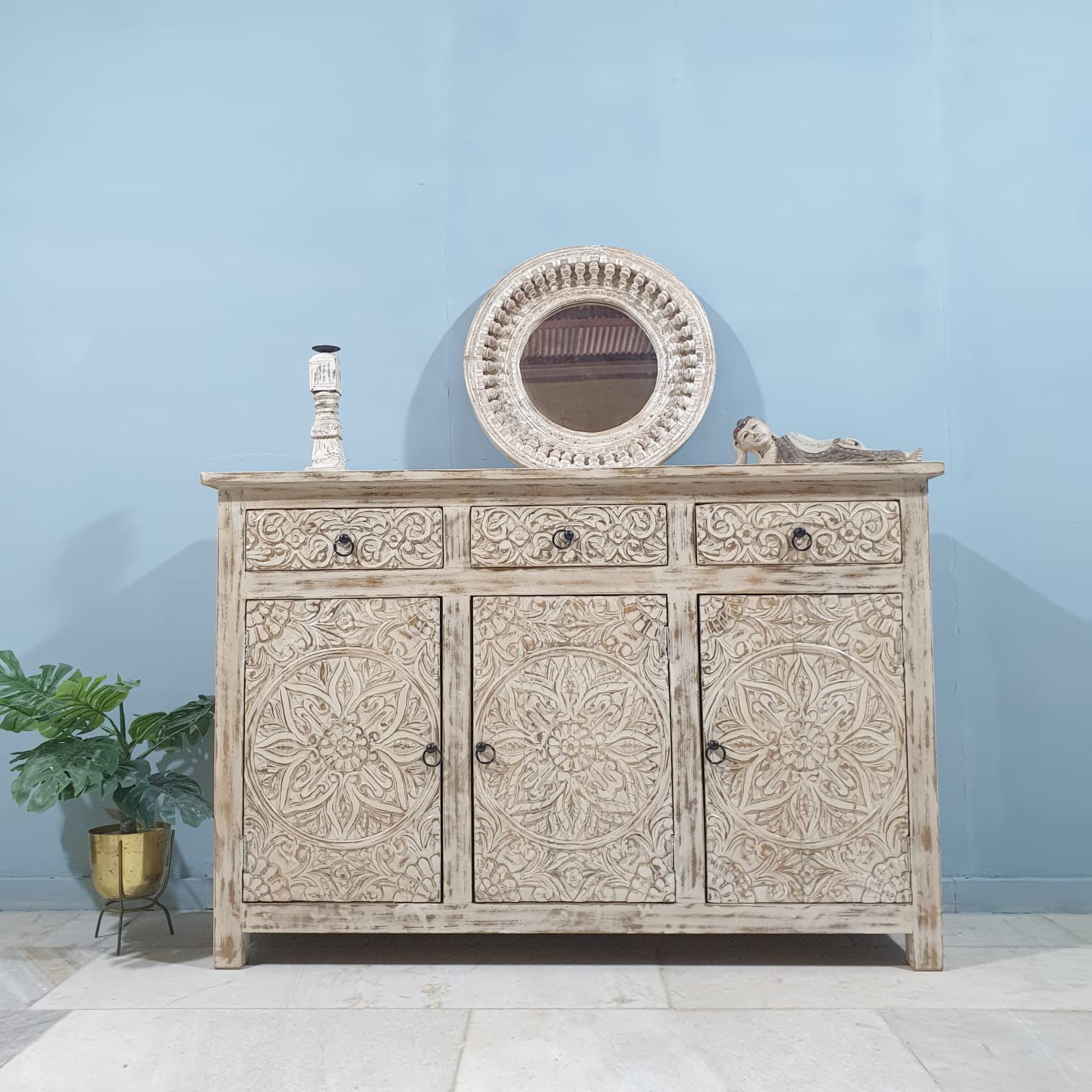 Handmade Carved Indian Mango Wood Sideboard - 3 Drawers & 3 Doors - Cream Wash Finish | Rustic Dining Room Buffet Cabinet for Home Decor & Storage