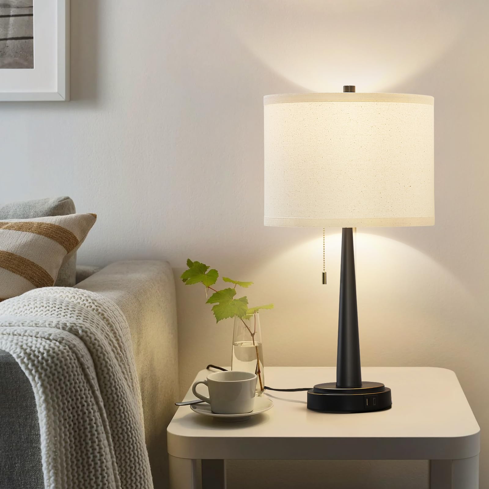 GyroVu Modern LED Table Lamp Set of 2 - USB-C/A Charging Nightstand Lamps with Pull Chain Switch, 9W Bulbs Included (Matte Black) - Perfect for Living Room, Bedroom & Office Lighting