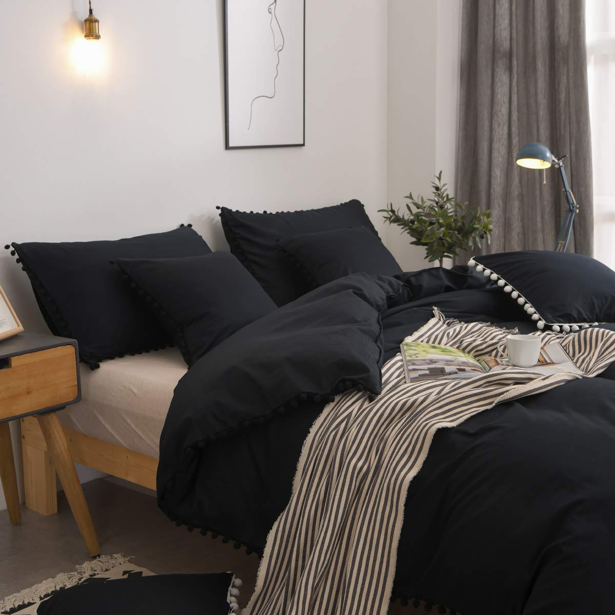 Softta California King Bedding Set 3-Piece - 100% Cotton Bohemian Duvet Cover with Pompom Fringe, Black Vintage Boho Quilt for Teen Girls & Baby Nursery | Perfect for Cozy Bedrooms, Dorm Rooms & Bohemian Home Decor