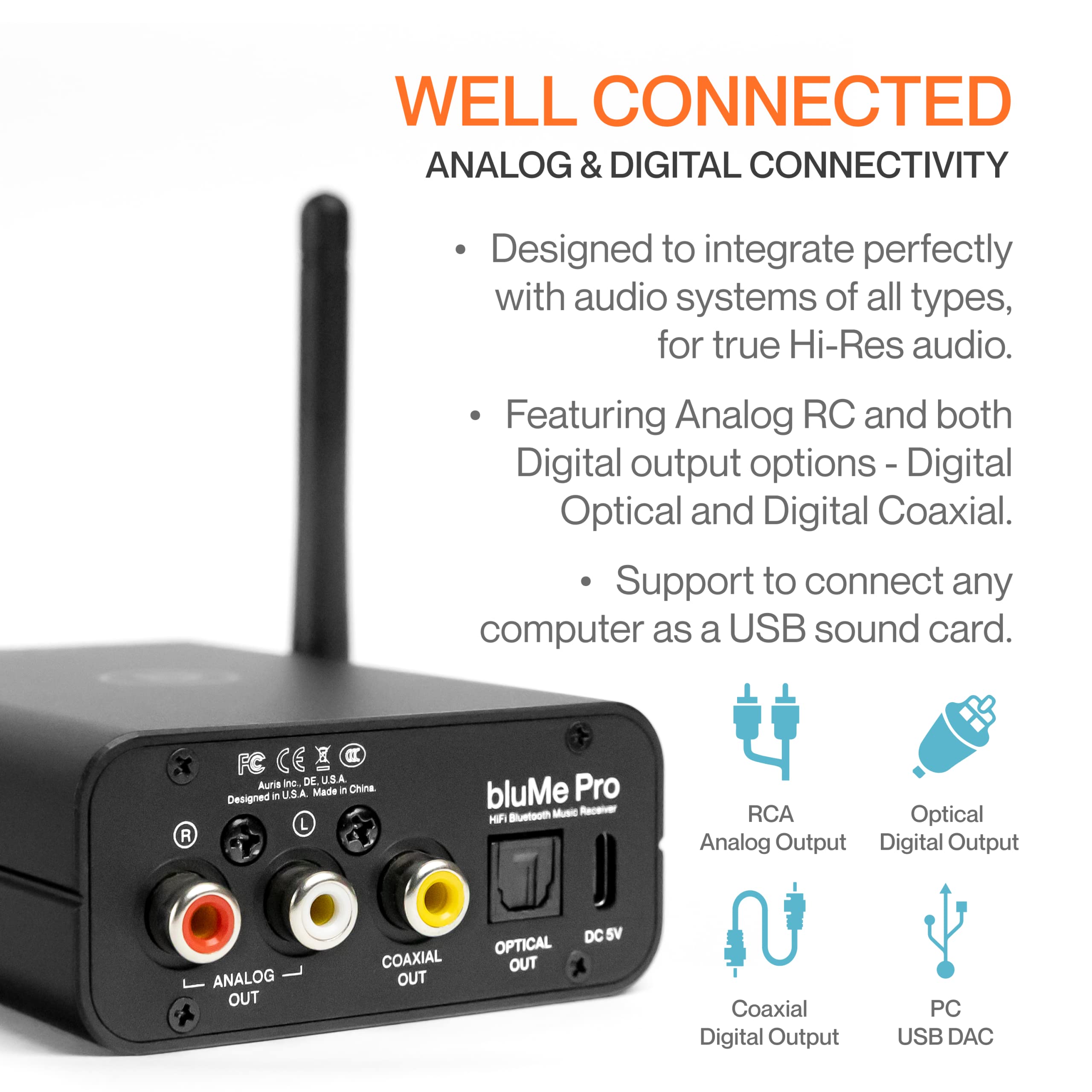 Auris Blume Pro HiFi Bluetooth 5.3 Music Receiver - Long Range Wireless Adapter with Audiophile DAC, LDAC, aptX HD, OLED Display & Optical/Coaxial/AUX Outputs - Perfect for Home Stereo, AV Receiver, Amplifier & Wireless Audio Streaming