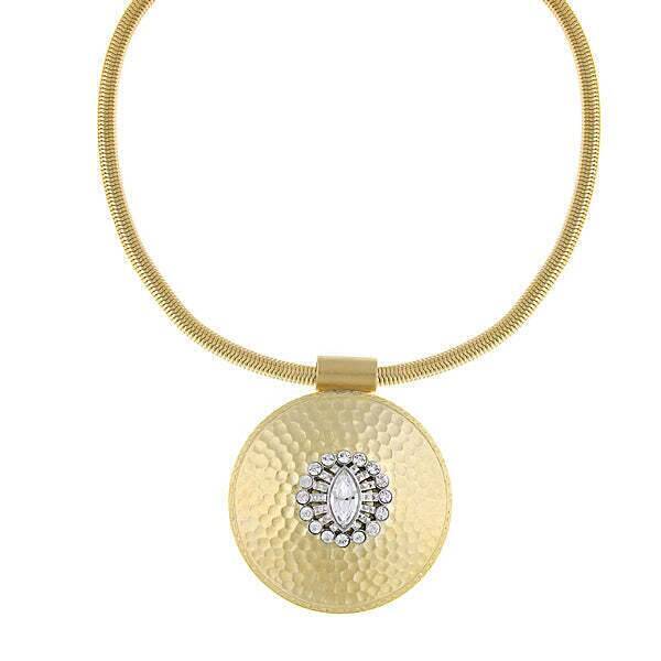 1928 Vintage Large Hammered Disk Crystal Pendant Necklace - 16