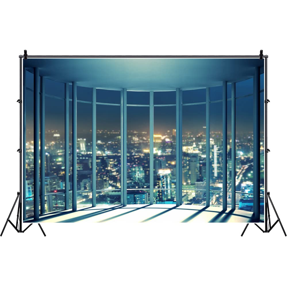 Laeacco 10x6.5ft New York City Night Skyline Backdrop - Aerial View Photography Background with French Windows & Shining Lights for Romantic Photo Shoots, Studio Props, Adult Portraits - Perfect for Wedding, Anniversary, and Couple Photography Sessions