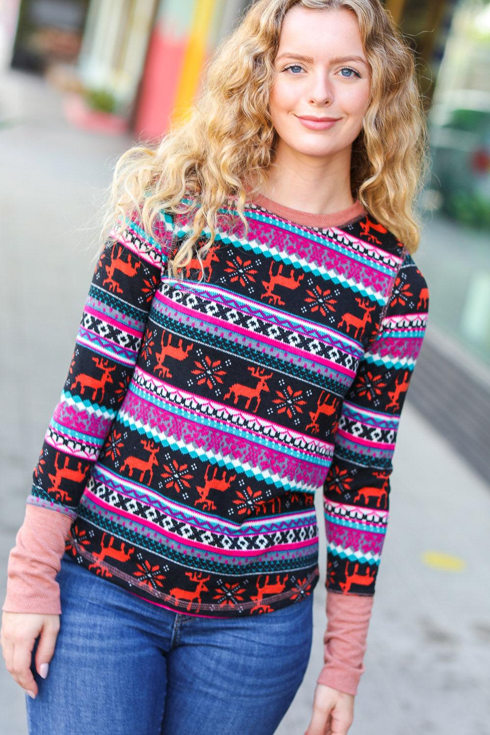 Christmas Ready Black & Fuchsia Reindeer Print Thermal Top - Festive Winter Wear for Holiday Parties & Cozy Outfits