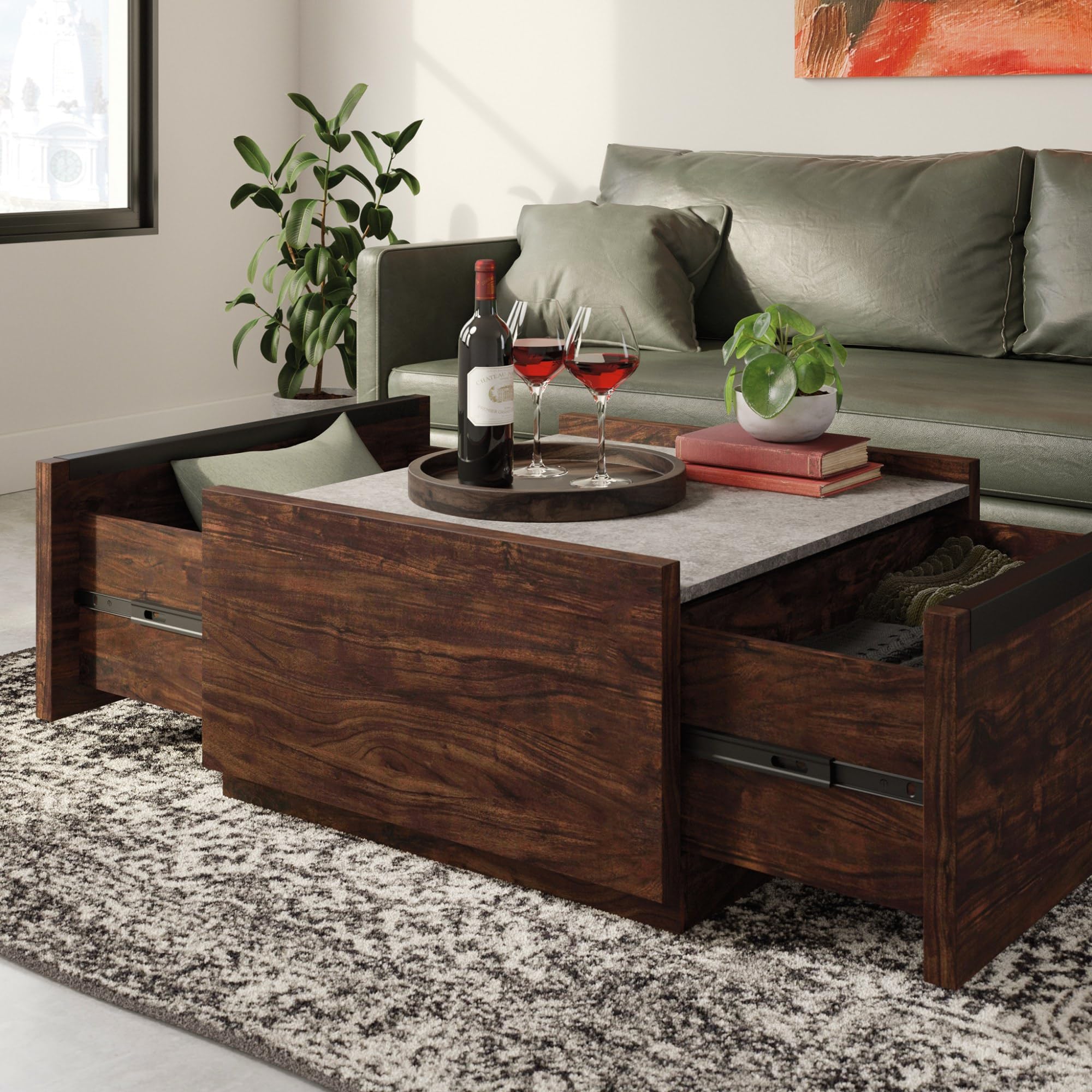 Modern Square Coffee Table with Rich Walnut Finish - Sauder Manhattan Gate - Stylish Living Room & Office Furniture for Home Decor