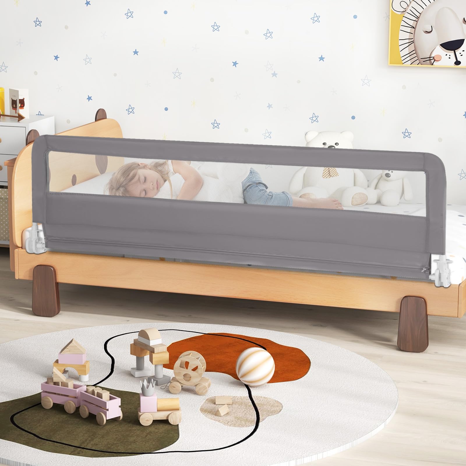 HONEY JOY 71-inch Extra Long Toddler Bed Rail - Portable Safety Bed Guardrail with Double Child Lock, Foldable Baby Bed Rail for King, Queen, Full & Twin Size Mattresses (Gray, 2 Pack) - Perfect for Travel, Home & Childcare Safety