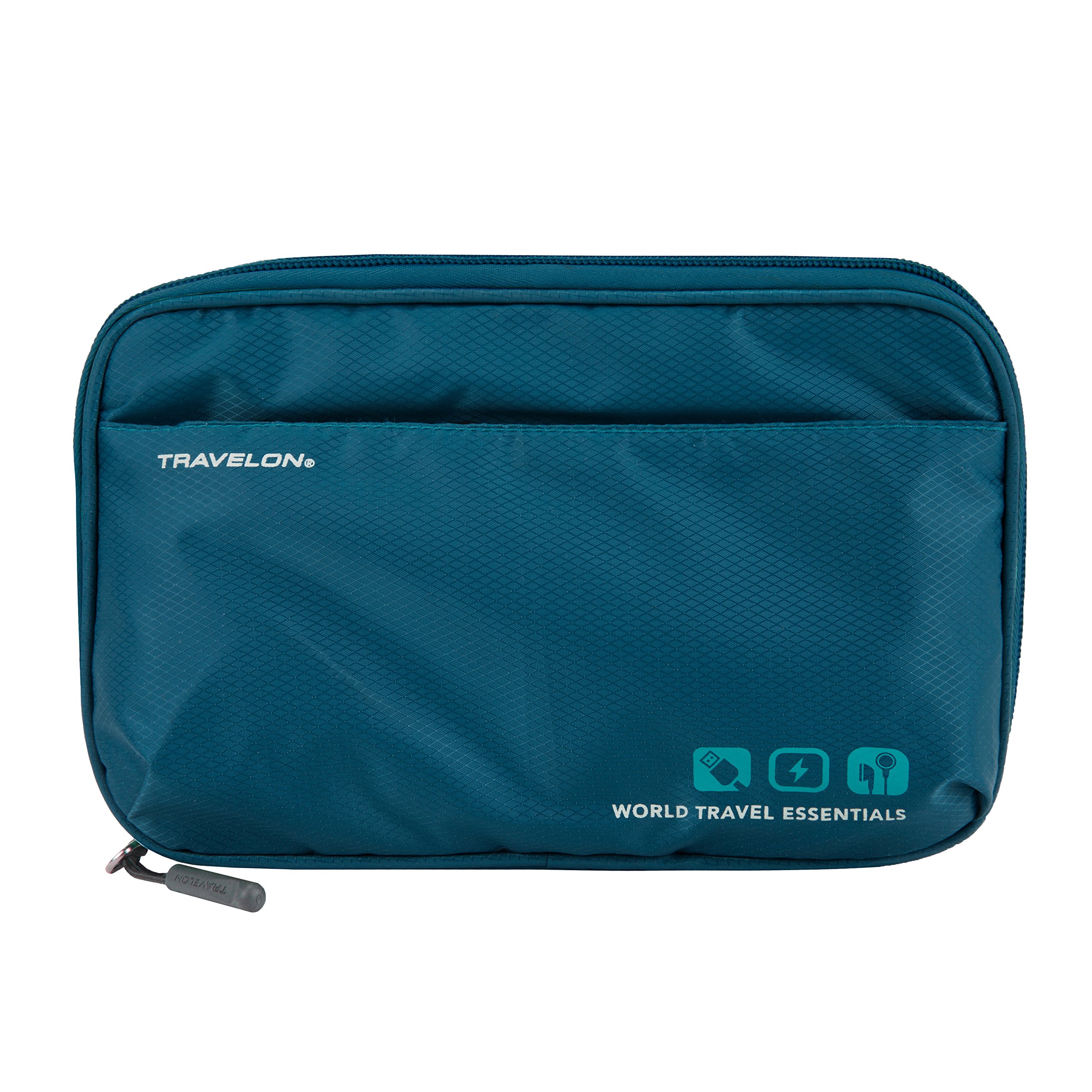 Travelon World Travel Essentials Tech Organizer - Peacock Teal Electronic Accessories Case for Laptop, Tablet & Phone | Perfect for Business Trips, Vacations & Commuting