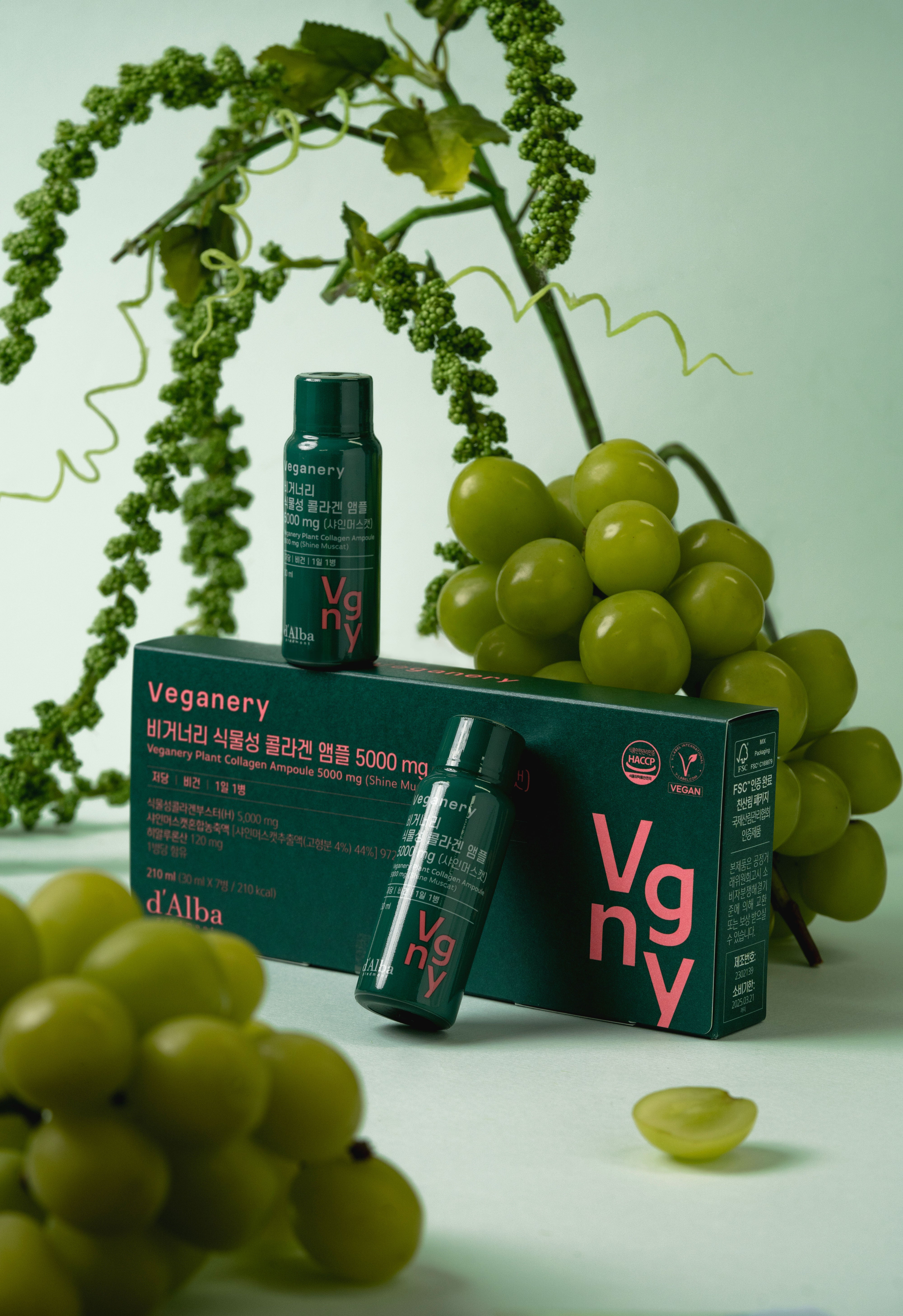 d'Alba Veganery Plant Collagen Ampoule 5,000mg - 1BOX (30ml x 7ea) Shine Muscat Flavor | Vegan Skincare for Hydration & Anti-Aging | Perfect for Daily Face Care Routine & Travel