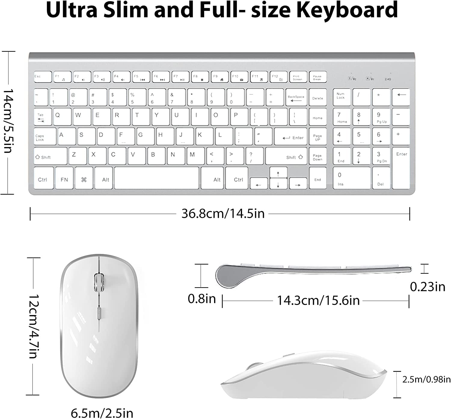 Wireless Keyboard and Mouse Combo with Numeric Keypad - Slim USB Wireless Keyboard & Mouse Set for iMac, Mac, PC, Laptop, Tablet - Compatible with Windows (Silver White) - Perfect for Office Work, Home Computing, and Gaming
