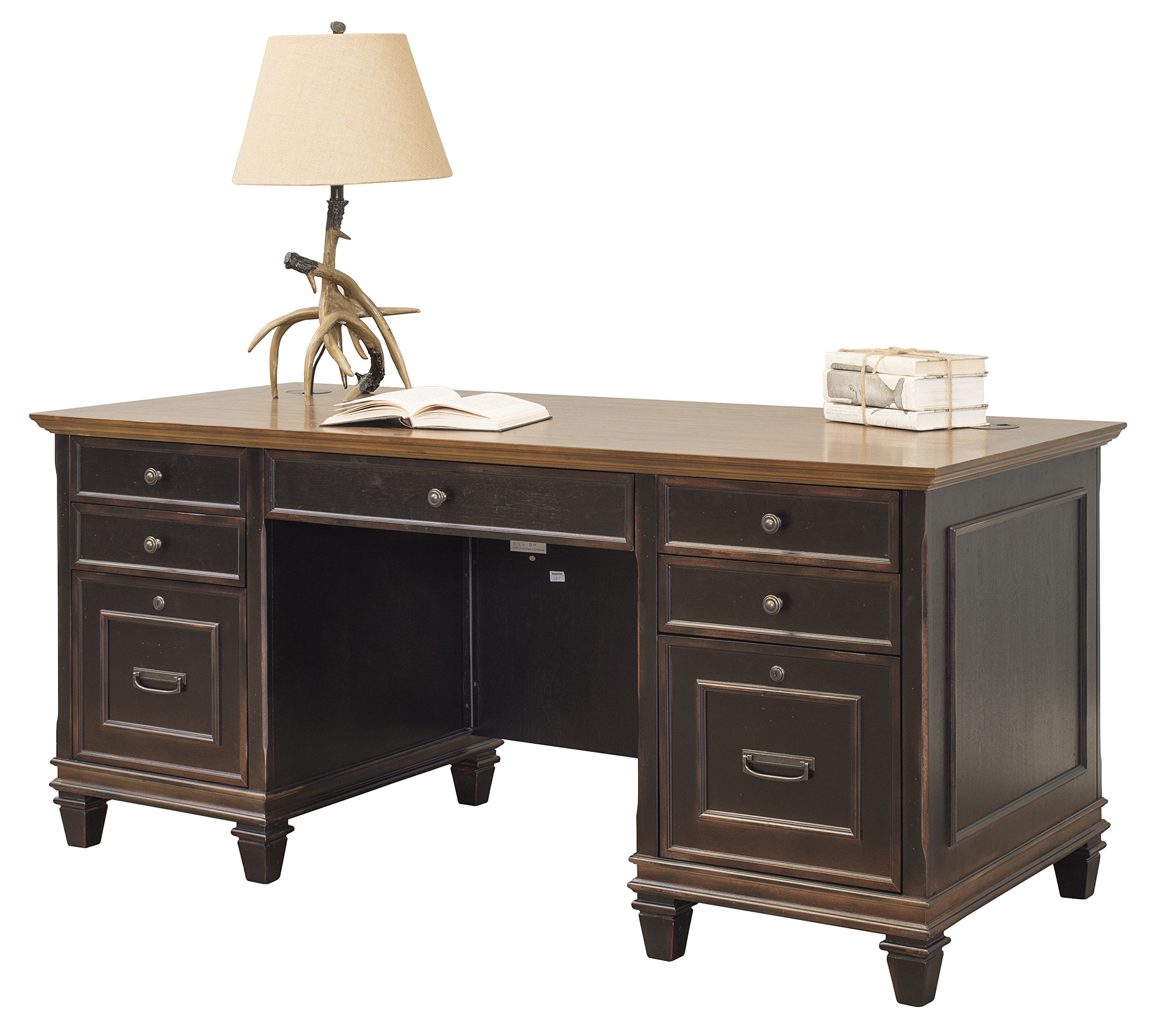 Martin Furniture Hartford Double Pedestal Shaped Office Desk in Brown - Fully Assembled Home Office Desk for Work & Study | Durable Writing Desk with Storage for Home & Business Use