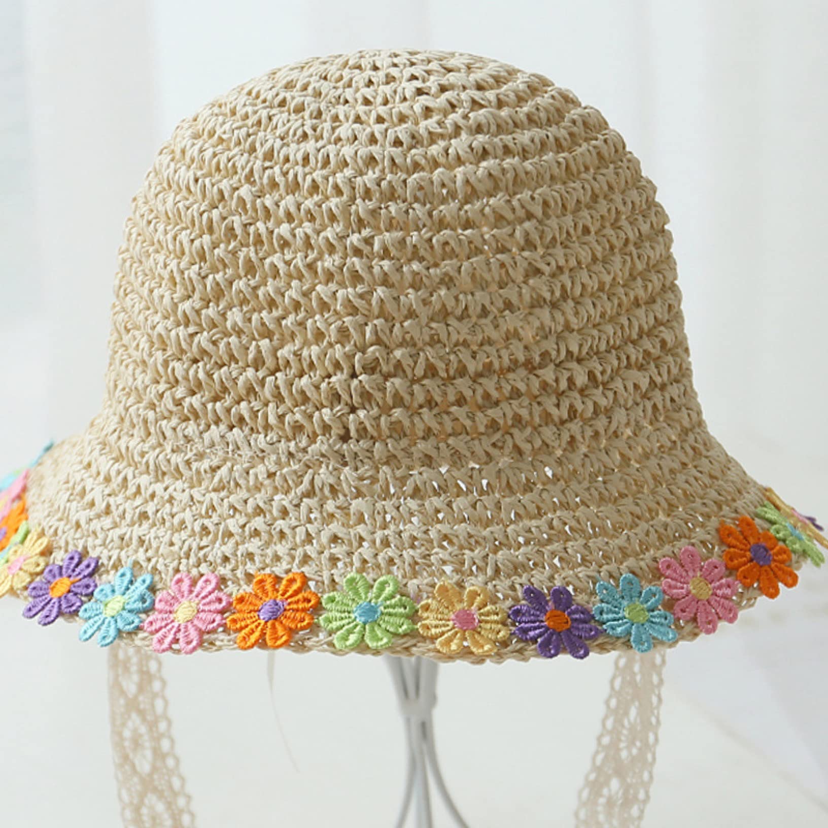 Kids Straw Bucket Hats with Lace Chin Strap & Floral Design - Breathable Wide Brim Summer Beach Hat for Sun Protection - Perfect for Outdoor Play, Vacations, and Pool Parties