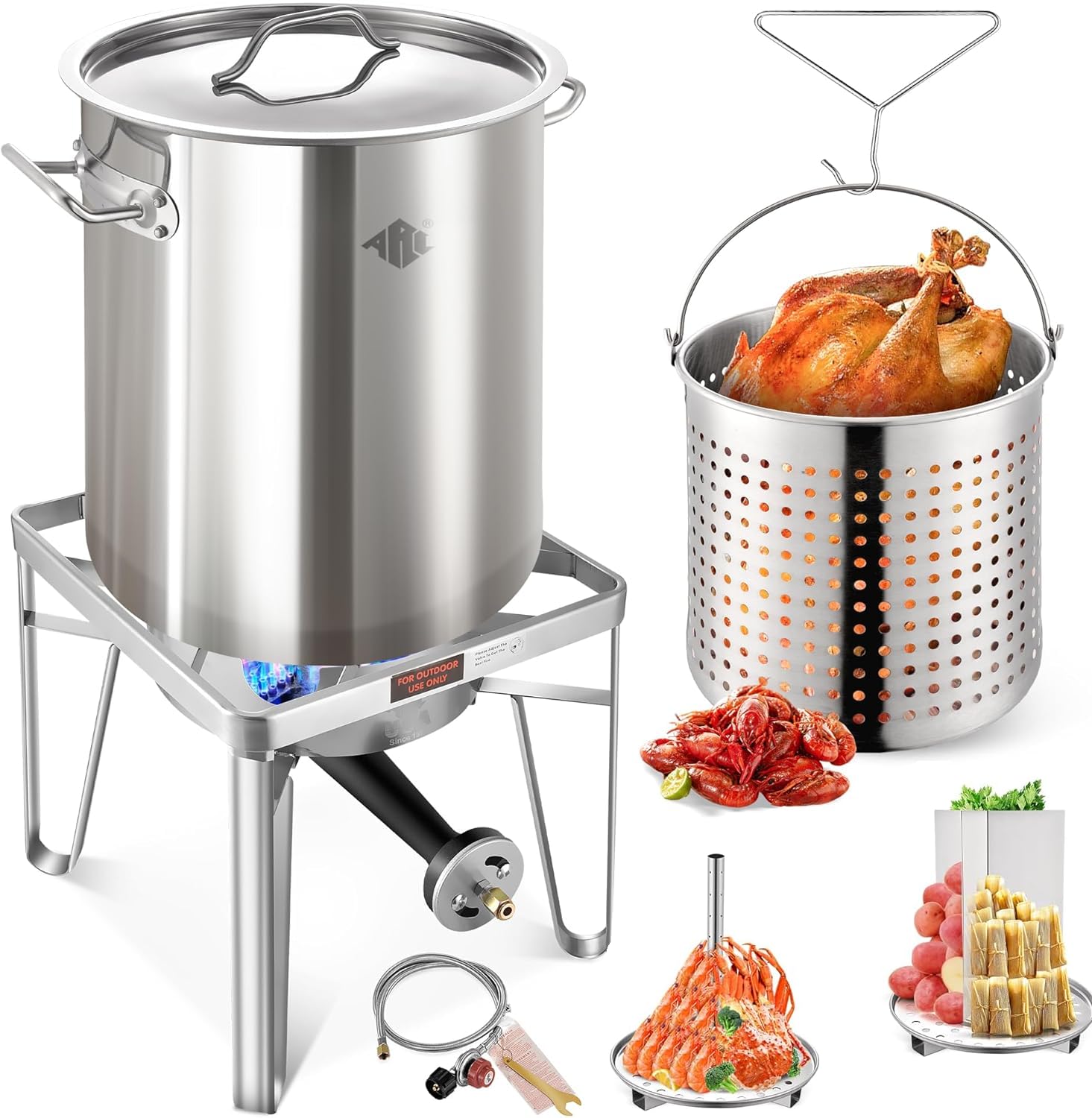 **64QT Stainless Steel Seafood Boil Pot with 200,000 BTU Propane Burner – Crab, Lobster, Shrimp Boiler & Tamale Steamer with Basket – Perfect for Outdoor Cooking, Turkey Frying & Large Gatherings**