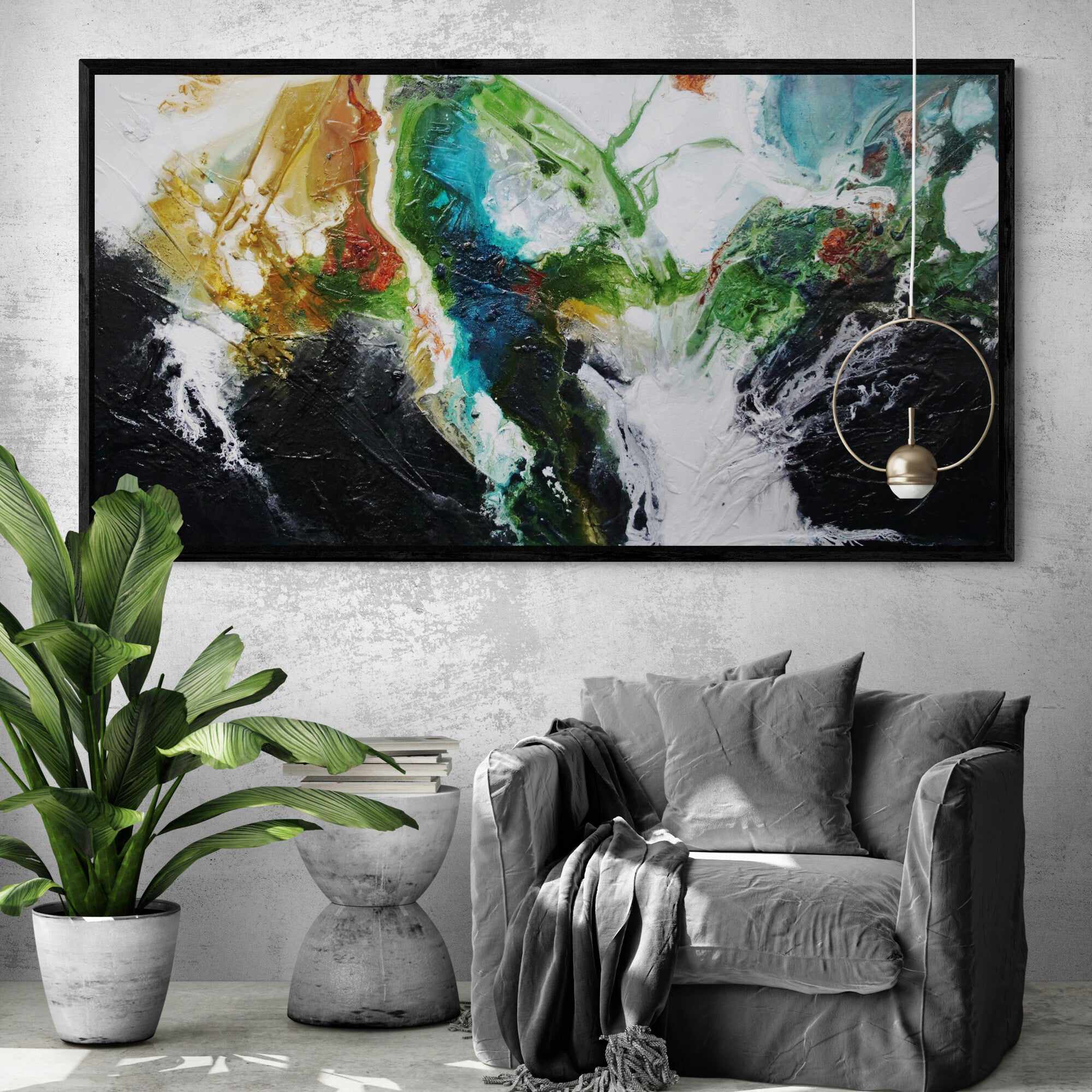 190cm x 100cm Green Black Textured Abstract Seeded Potion Painting - Modern Wall Art for Living Room, Bedroom & Office Decor