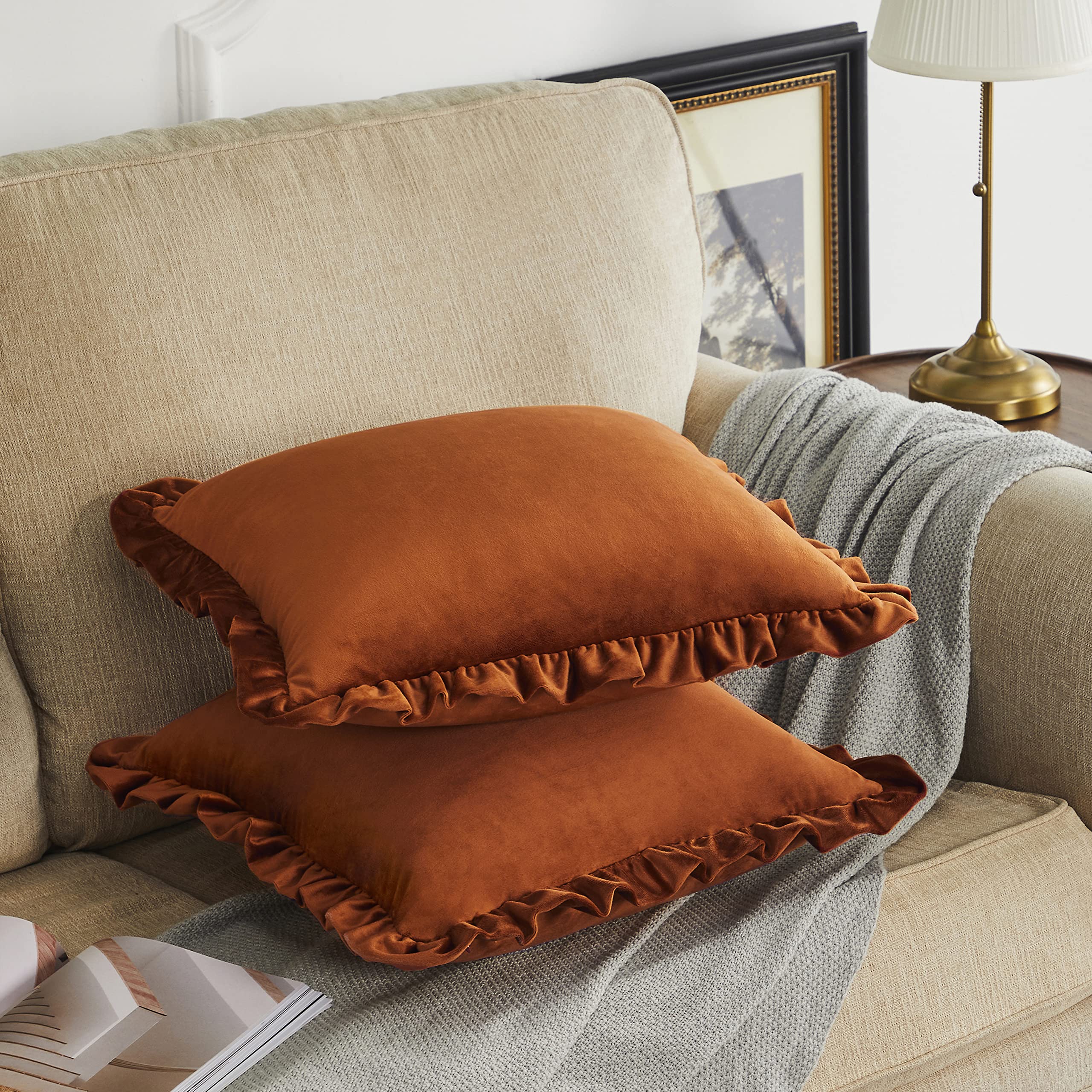 GIGIZAZA Burnt Orange Velvet Ruffle Decorative Throw Pillow Covers 18x18 Inch - Set of 2 for Sofa, Couch, Bedroom & Living Room - Soft Luxury Home Decor Accent Pillows
