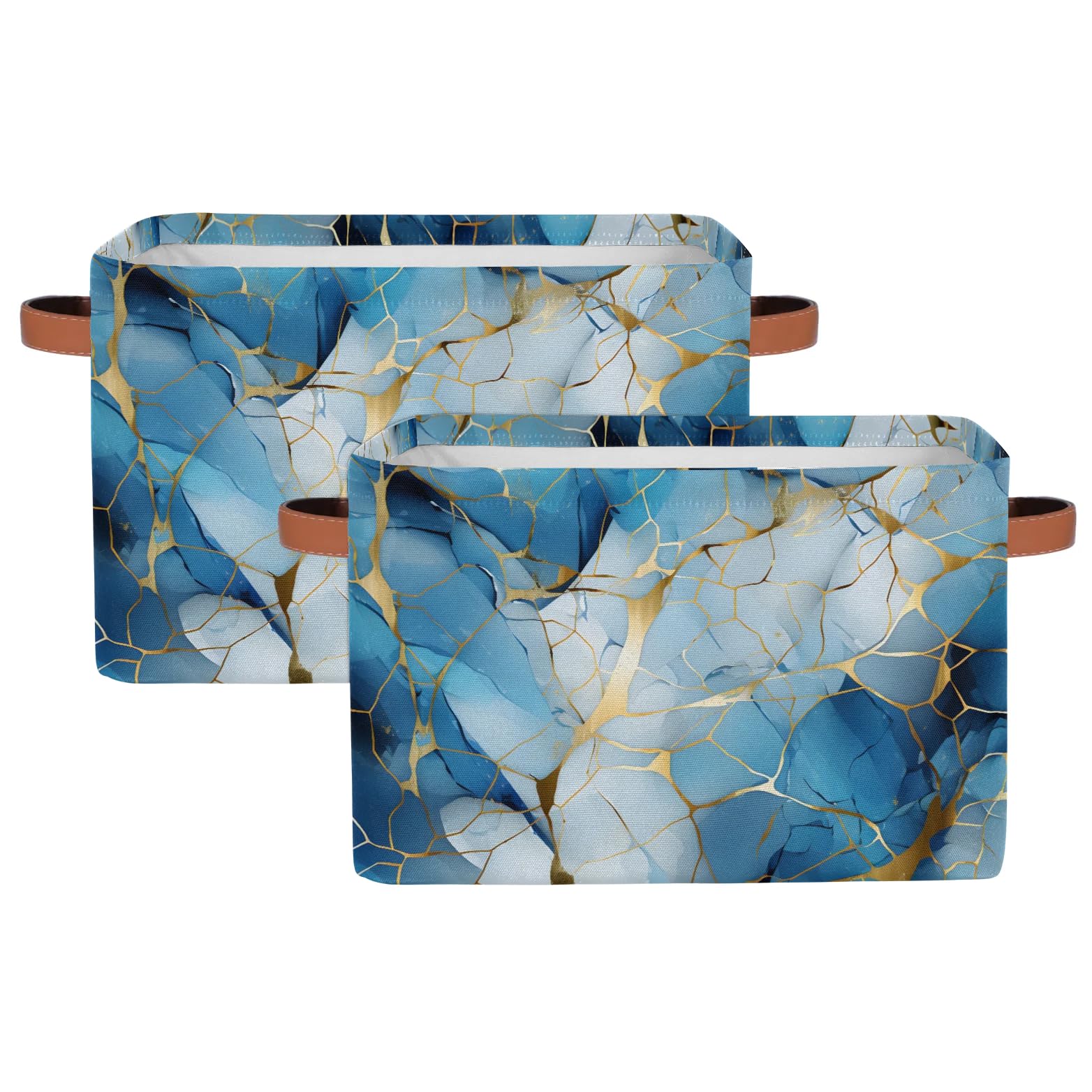 Marbled Storage Basket with Handles - 2 Pack Multi-Purpose Organizer for Closet, Toys & Home Decor | Blue Crushed Flower Design | Perfect for Bedroom, Bathroom & Kids Room Storage
