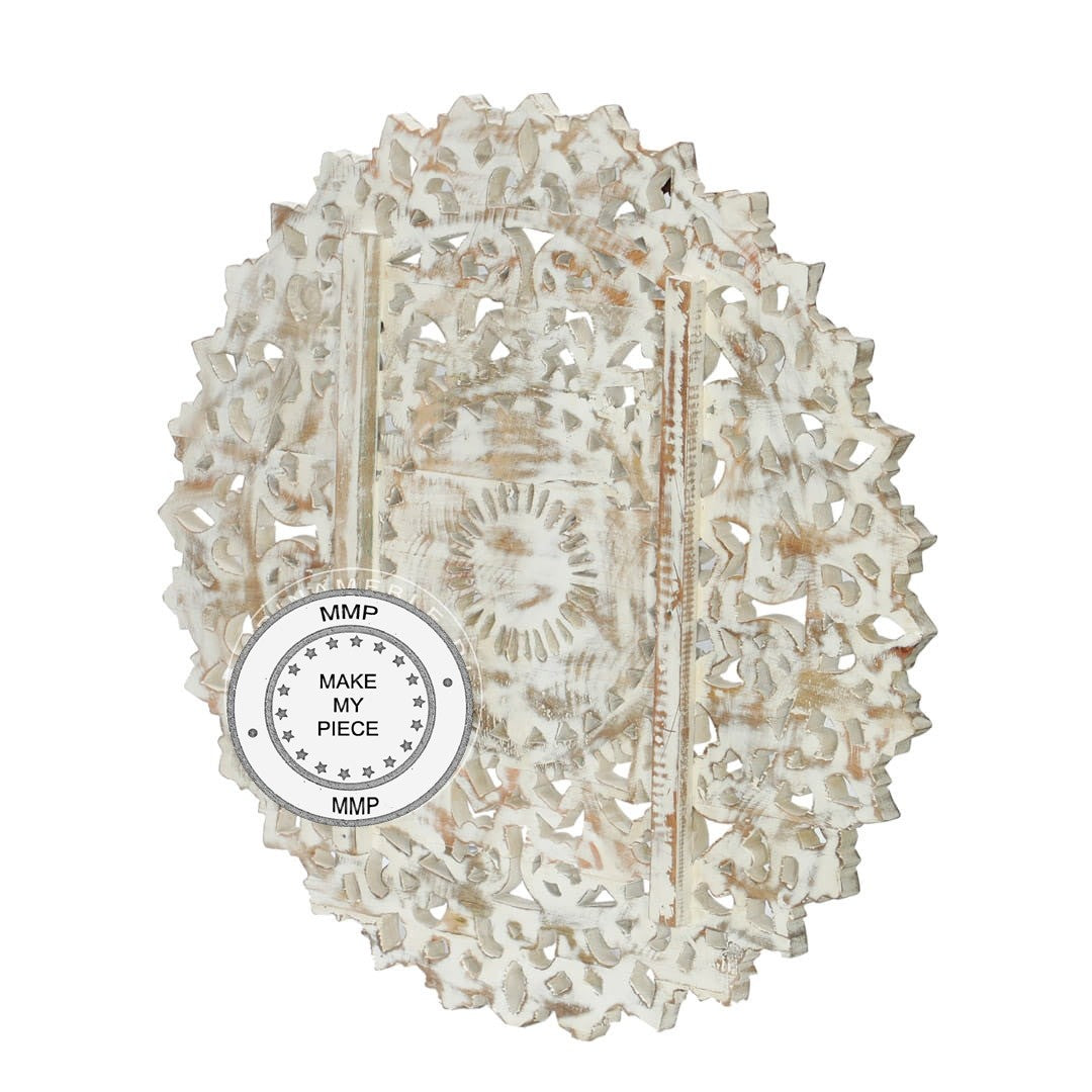 Hand Carved Indian Round Wooden Panel Bedhead - Whitewashed Boho Style Bedroom Decor for Master Bedroom & Guest Room