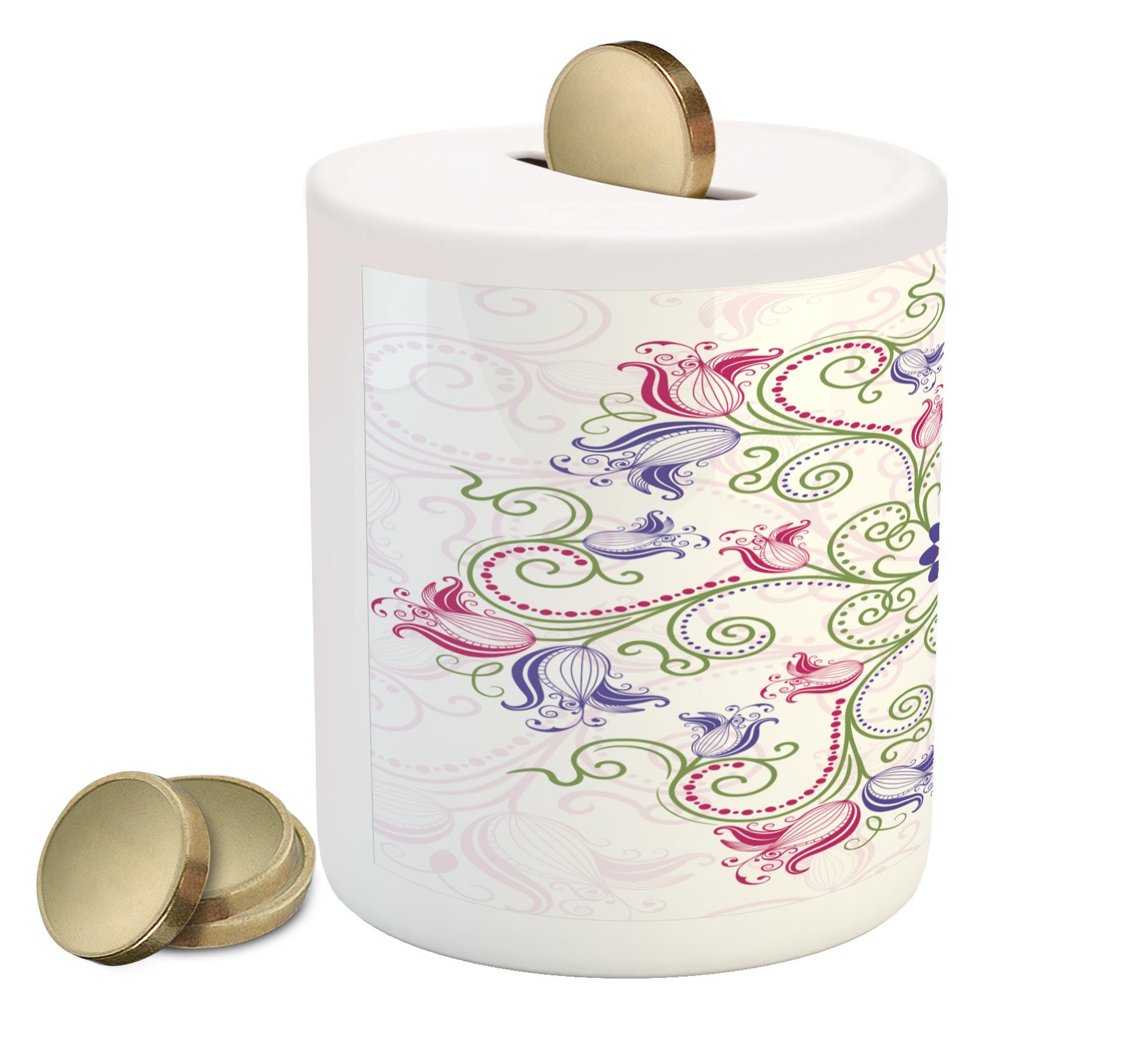 Ambesonne Purple Mandala Ceramic Piggy Bank - Eastern Tulip Flower Design Money Box for Cash Savings (Fern Green, Magenta, White) - Perfect for Home Decor, Gift Giving & Teaching Kids Financial Responsibility