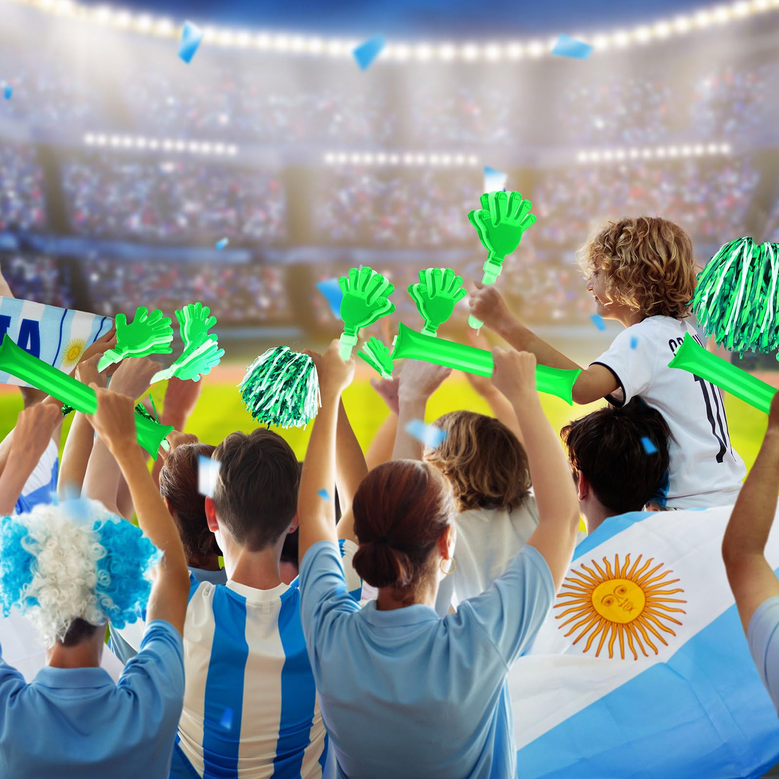 96 Pcs Noisemakers for Sports Events - Hand Clappers, Pom Poms, Thunder Sticks & Whistles