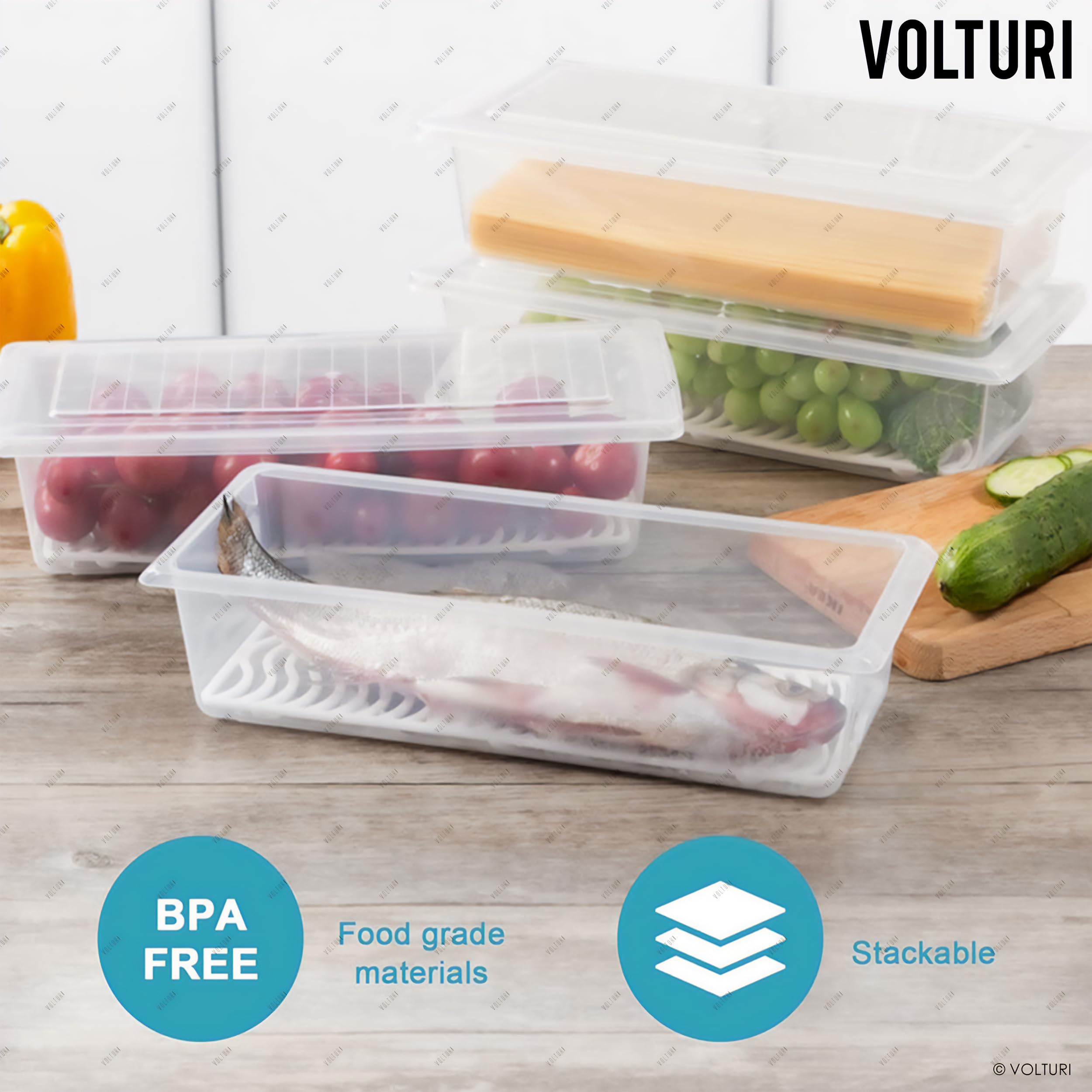 VOLTURI 6-Pack Fridge Storage Containers with Removable Drain Plate & Lids - Stackable Food Organizer for Fruits, Vegetables - 1500ML BPA-Free Kitchen Storage Boxes - Perfect for Meal Prep & Refrigerator Organization