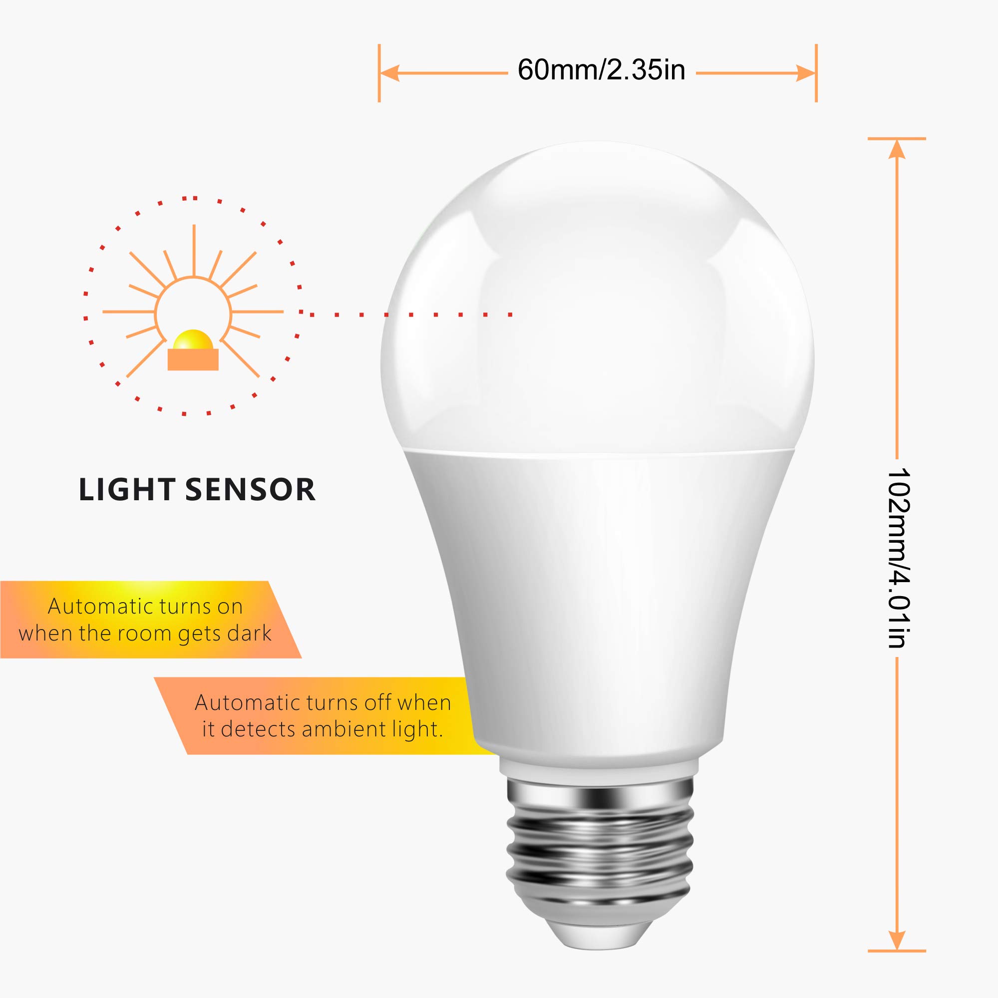 Boxlood Dusk to Dawn LED Light Bulbs with Built-in Light Sensor - 9W 6000K Cool White (60W Equivalent) - A19 E26 Base - Auto On/Off for Indoor & Outdoor Use - Perfect for Porches, Garages, and Security Lighting (2 Pack)