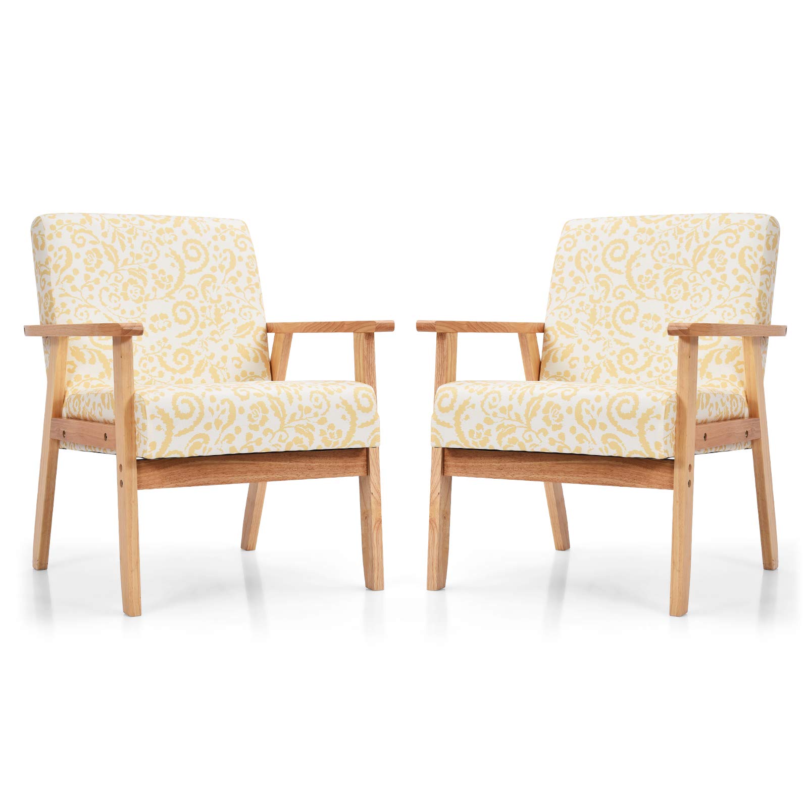 Powerstone Modern Accent Chairs Set of 2 - Yellow Fabric Upholstered Armchairs with Wooden Legs for Living Room, Dining Room, Office & Lounge | Stylish Seating for Home Decor, Guest Chairs & Workspace