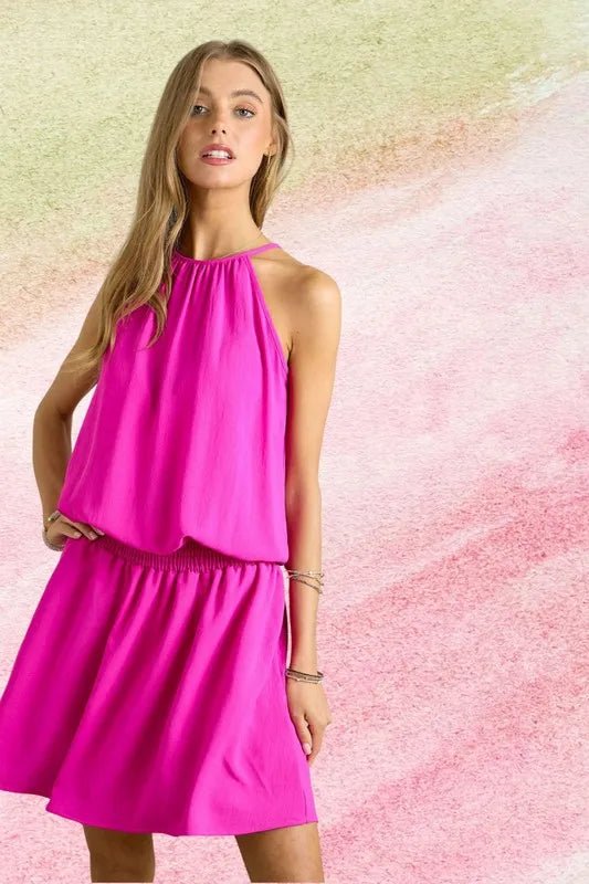 ADORA Women's Halter Neck Smocking Waist Dress - Summer Beach Party & Cocktail Evening Wear