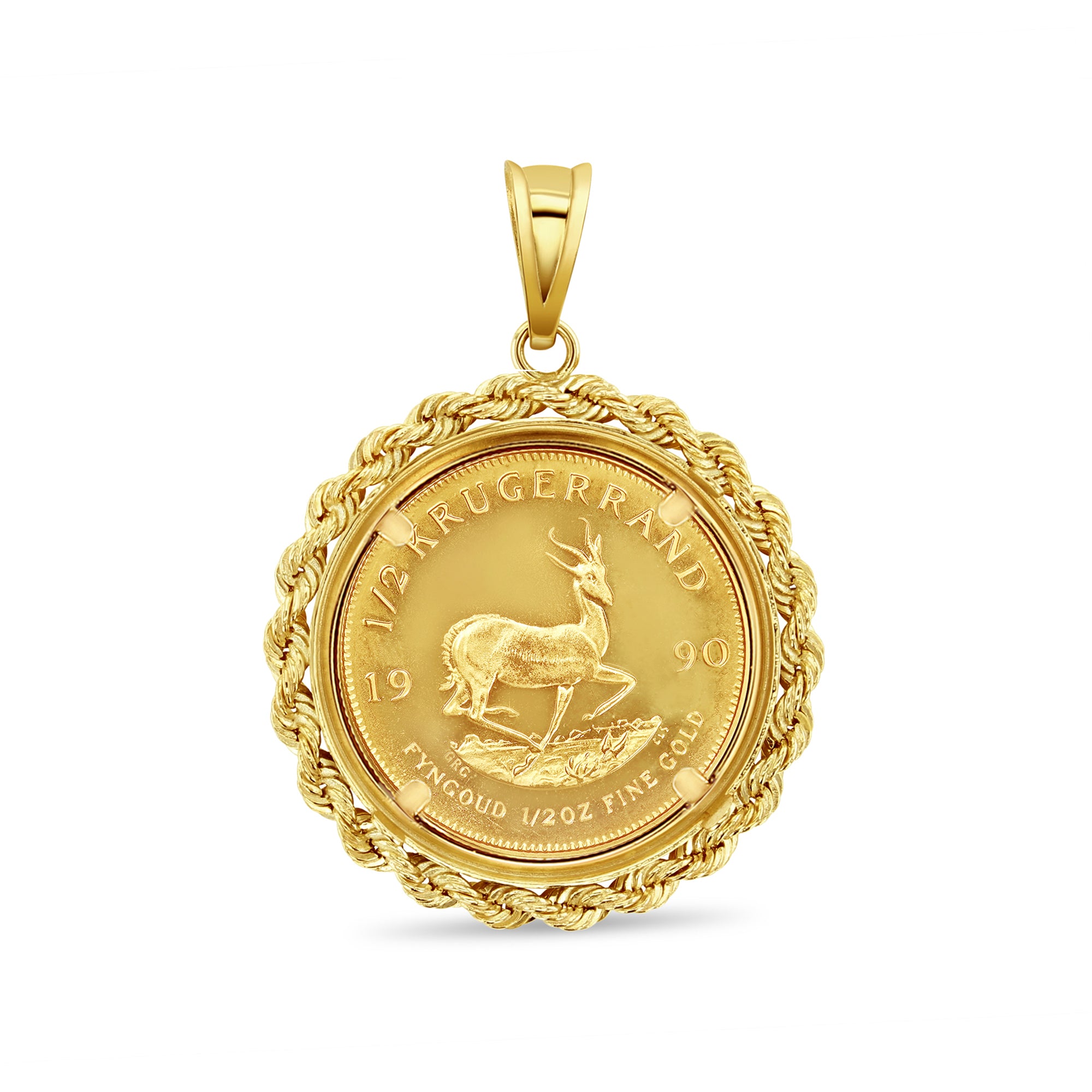 1/2OZ Fine Gold South African Krugerrand Coin Necklace with Rope Bezel - Elegant Jewelry for Gifts, Special Occasions & Everyday Wear