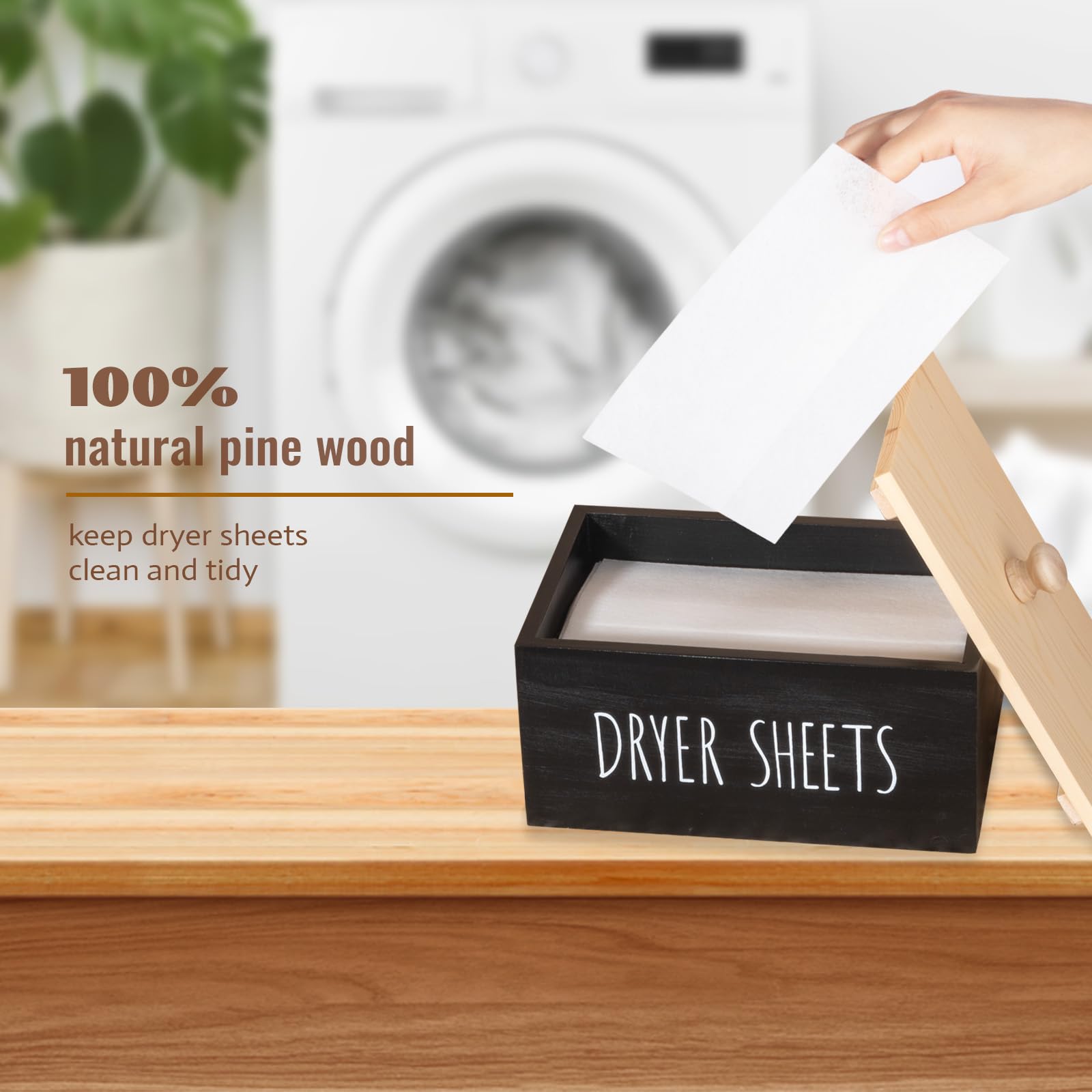 Zoocatia Wooden Laundry Room Organizer - Detergent Dispenser & Dryer Sheet Holder with Lid for Dryer Balls, Pods, and Supplies | Black Storage Box for Closet, Laundry Area, and Home Organization