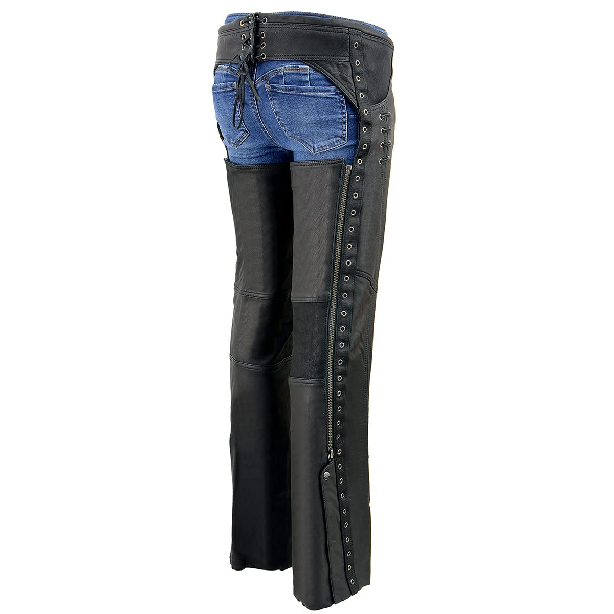 Premium Black Goat Skin Leather Motorcycle Chaps for Women - Lightweight, Durable & Stylish with Accent Lacing | Perfect for Riding, Biker Events & Outdoor Adventures - MLL6535