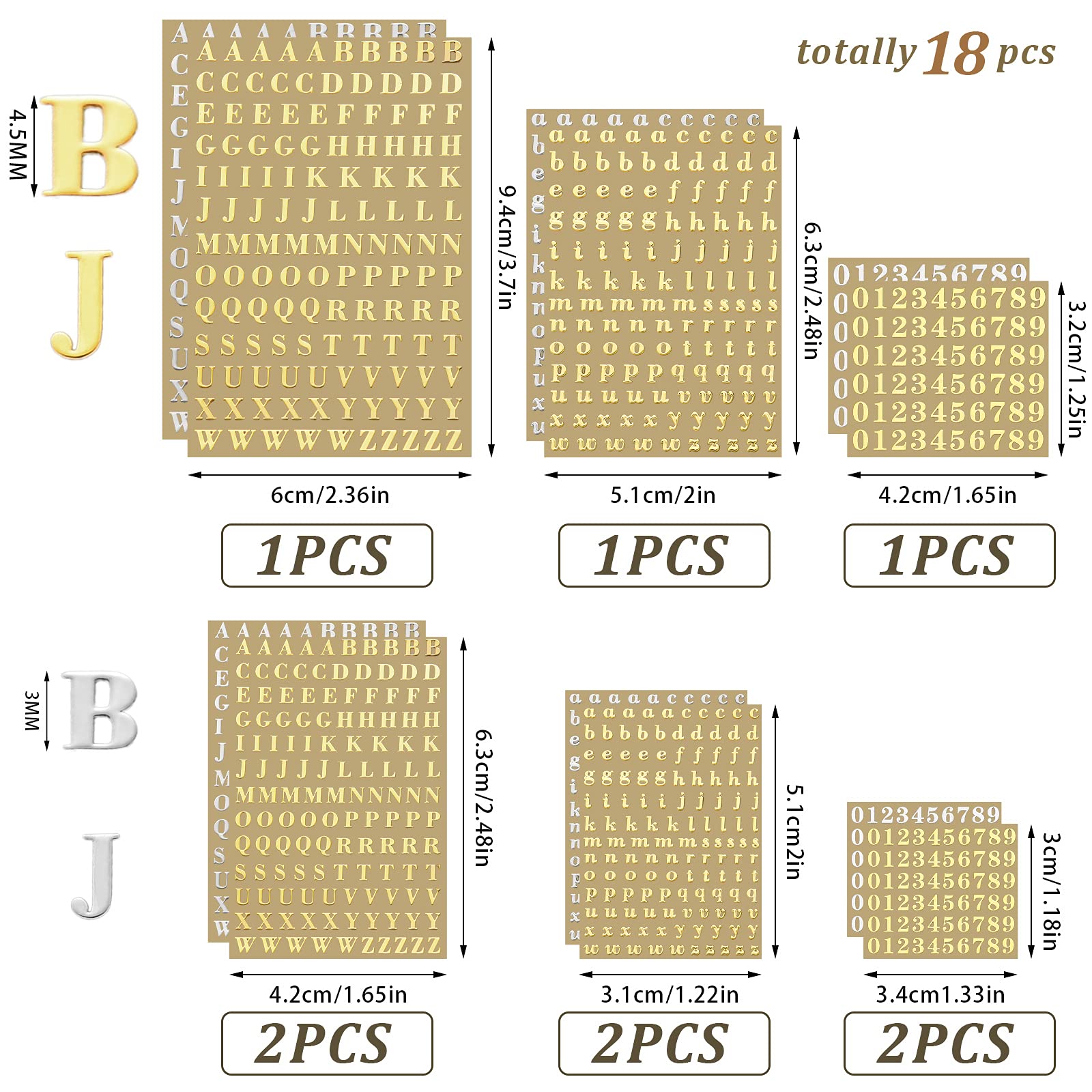 Outus 18 Sheets Small Letter Stickers - Mini Alphabet & Number Stickers, Self-Adhesive Monogram Letters for Scrapbooking, Arts & Crafts (Gold, Silver) - Perfect for DIY Projects, Card Making, and Home Decor