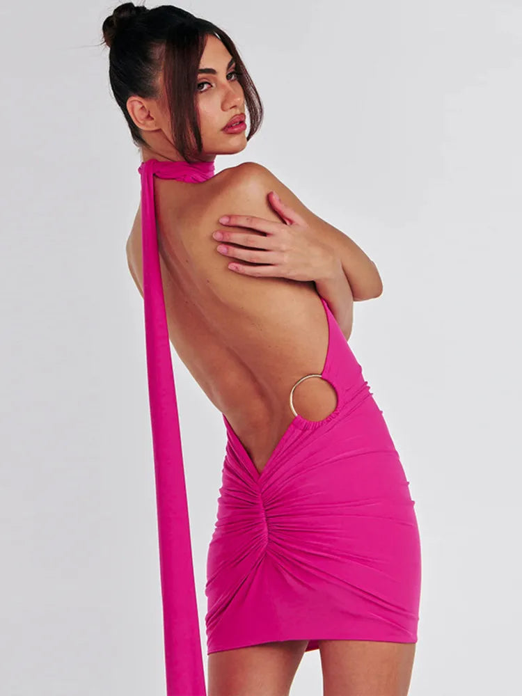 Sexy Backless Halter Mini Dress for Women - Fashion Metal Ring Sleeveless Pleated Bodycon Party Dress | Perfect for Night Out, Club Wear, Date Night and Special Occasions