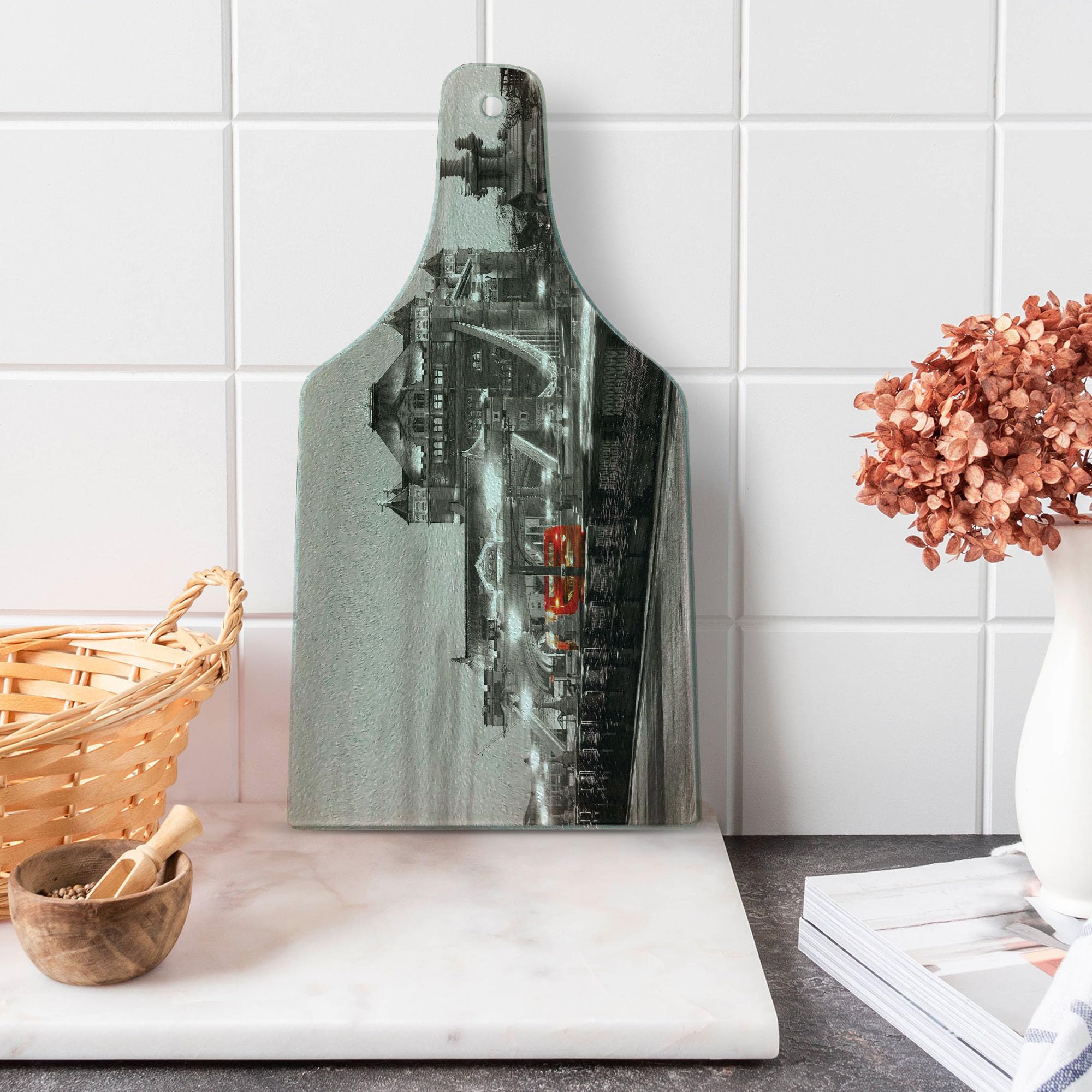 Ambesonne London Theme Black and White Cutting Board - Tower Bridge Cityscape Tempered Glass Serving Board for Kitchen, Cheese & Charcuterie - Wine Bottle Shape in Taupe Grey Red - Perfect for Entertaining & Home Decor