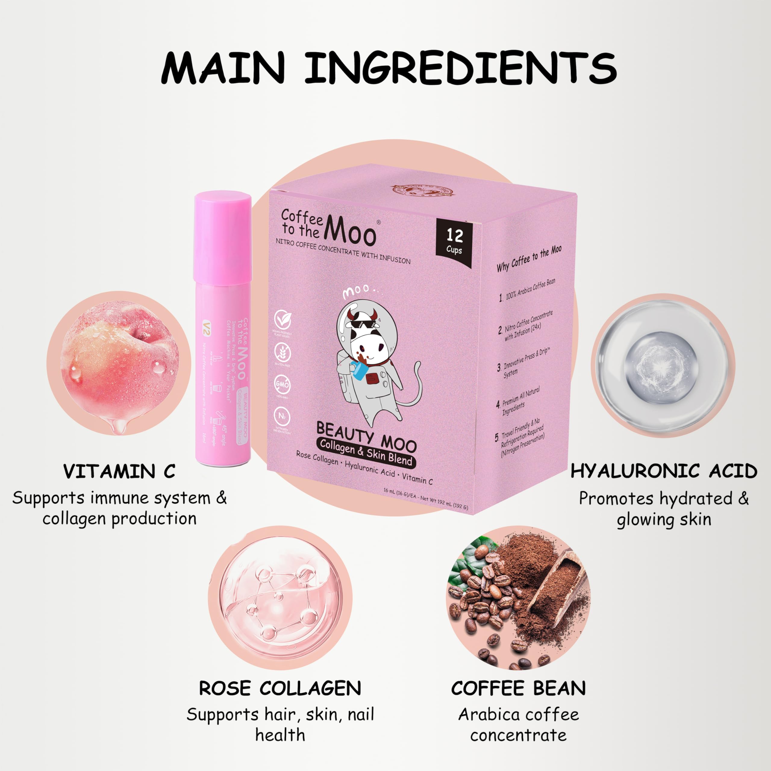 Nitro Cold Brew Coffee Concentrate with Rose Collagen & Vitamin C - Hair, Skin & Nails Support | Instant Hot or Iced Coffee | Travel-Friendly, No Refrigeration Needed (12 Servings) | Perfect for Office, Gym & Outdoor Adventures