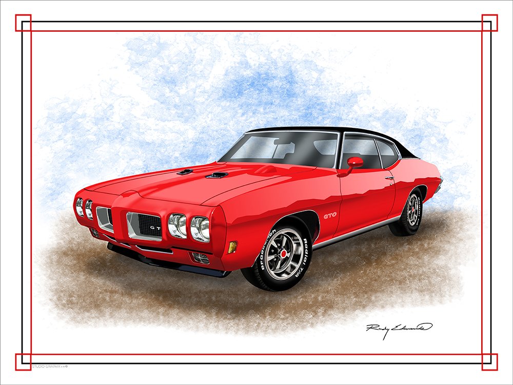 1970 Pontiac GTO Red Muscle Car Art Print by Rudy Edwards - 18x24 Inch Vintage Automotive Wall Decor - Perfect for Man Cave, Garage & Classic Car Enthusiast Gifts